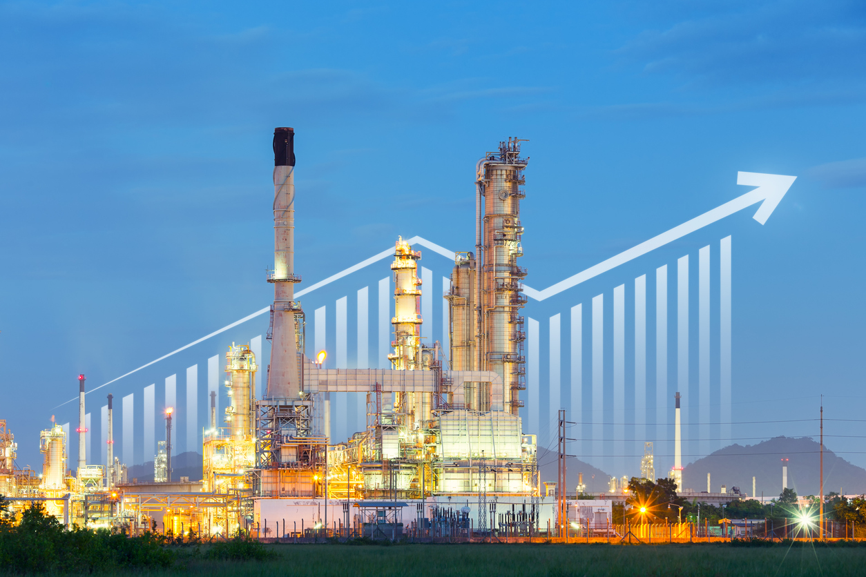 Oil gas refinery plant. May called petroleum, production or petrochemical plant. Industrial factory construction from engineering technology with steel pipe, pipeline, tank. Include arrow, graph or bar chart. Increase trend or growth of production, market price, demand, supply. Concept of business, industry, fuel, power energy.