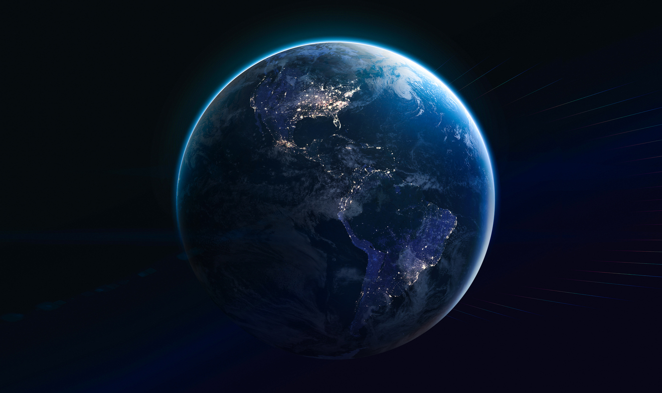 Earth planet at night into the dark. Cities light. Earth in deep space with stars. Planet sphere. Elements of this image furnished by NASA (url: https: