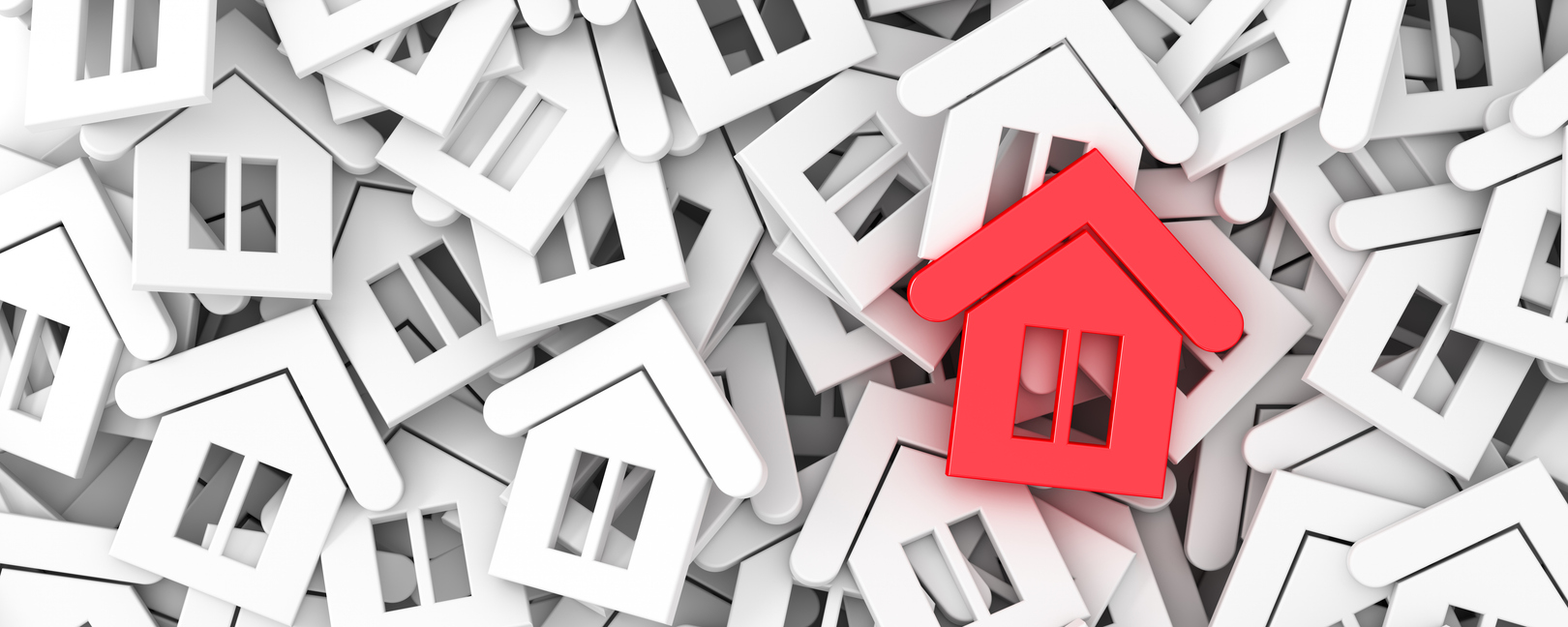 Unique red house. Stand out from the crowd concept. Real estate sale promotion banner.