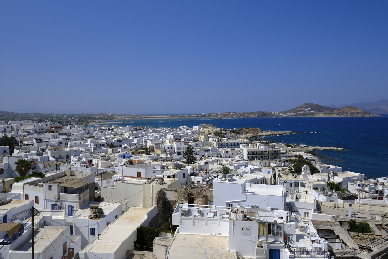 Aerial view of Naxos, Greece on July 8, 2023.