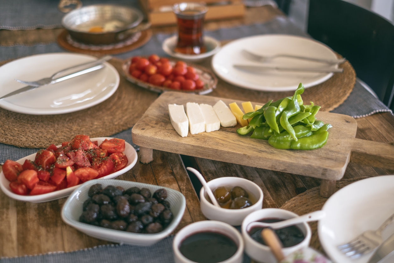 Traditional homemade Turkish breakfast table in summer. Real life image.￼