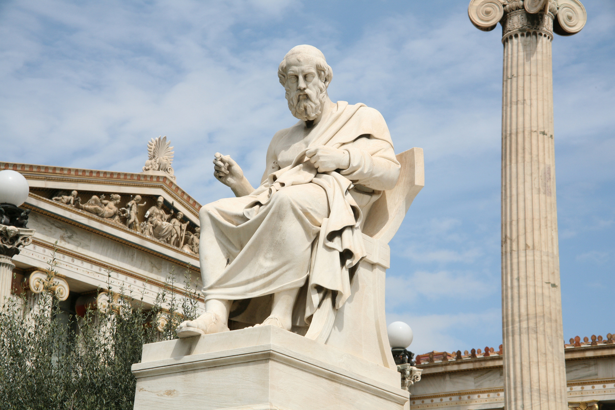 "Plato (c. 429aa347 BC), Greek philosopher. A disciple of Socrates and the teacher of Aristotle, he founded the Academy in Athens. This is his statue, located before the Academy of Athens, Greece."