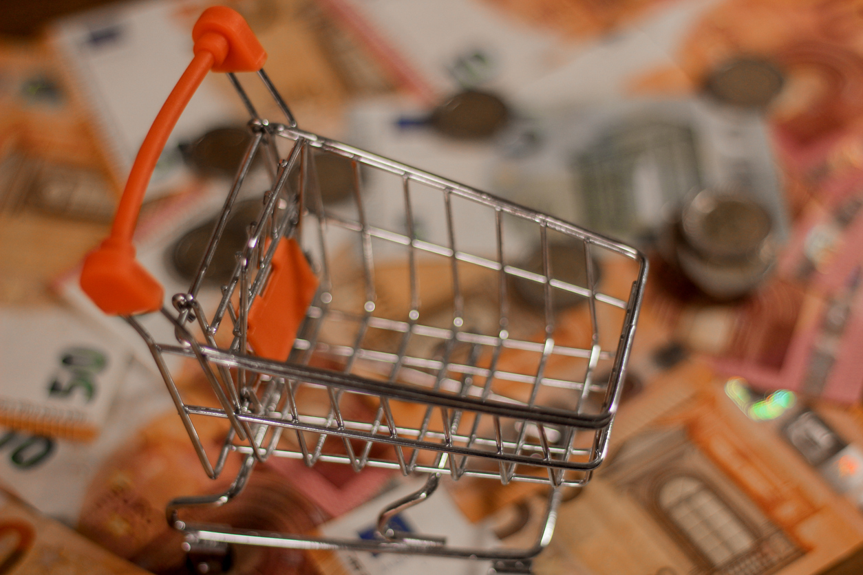 Empty toy shopping cart standing on euro bills illustrating buying power in European Union (EU) or financial crisis.