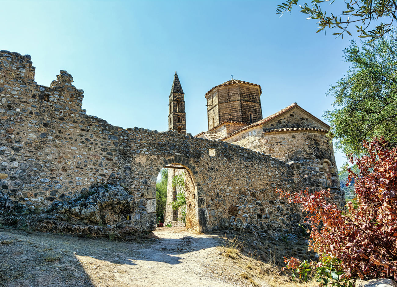 Kardamili old town, Messenia, Greece. Old Kardamili is a small collection of abandoned fortified tower-houses clustered around a beautiful 18th century church in Messenia Peloponnese Greece.