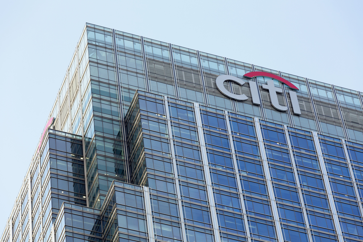 London, UK - October 29, 2013: Corporate branding on the headquarter buildings of Citi at day in London.