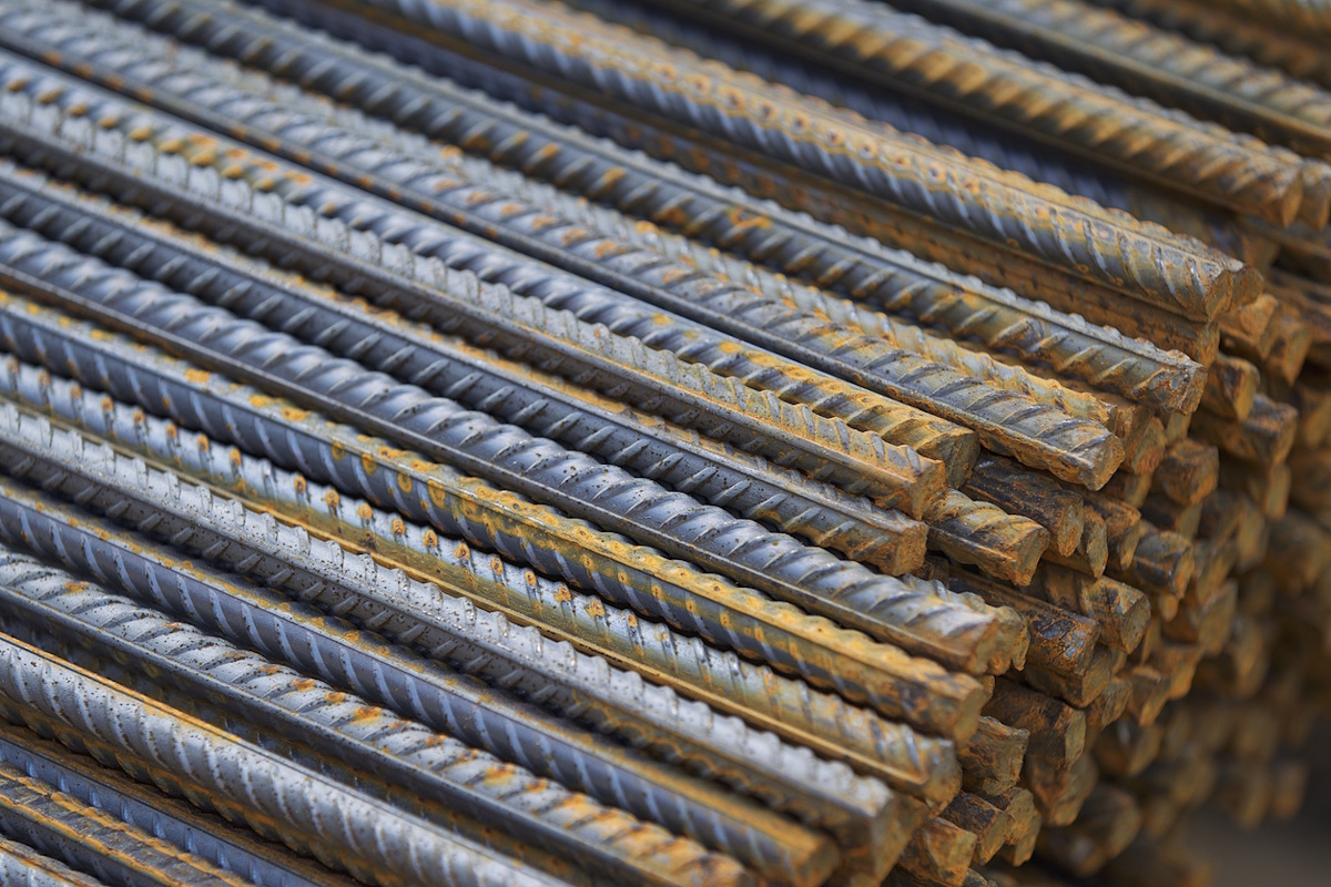 Reinforcing bars with a periodic profile in the packs are stored in the metal products warehouse, Russia