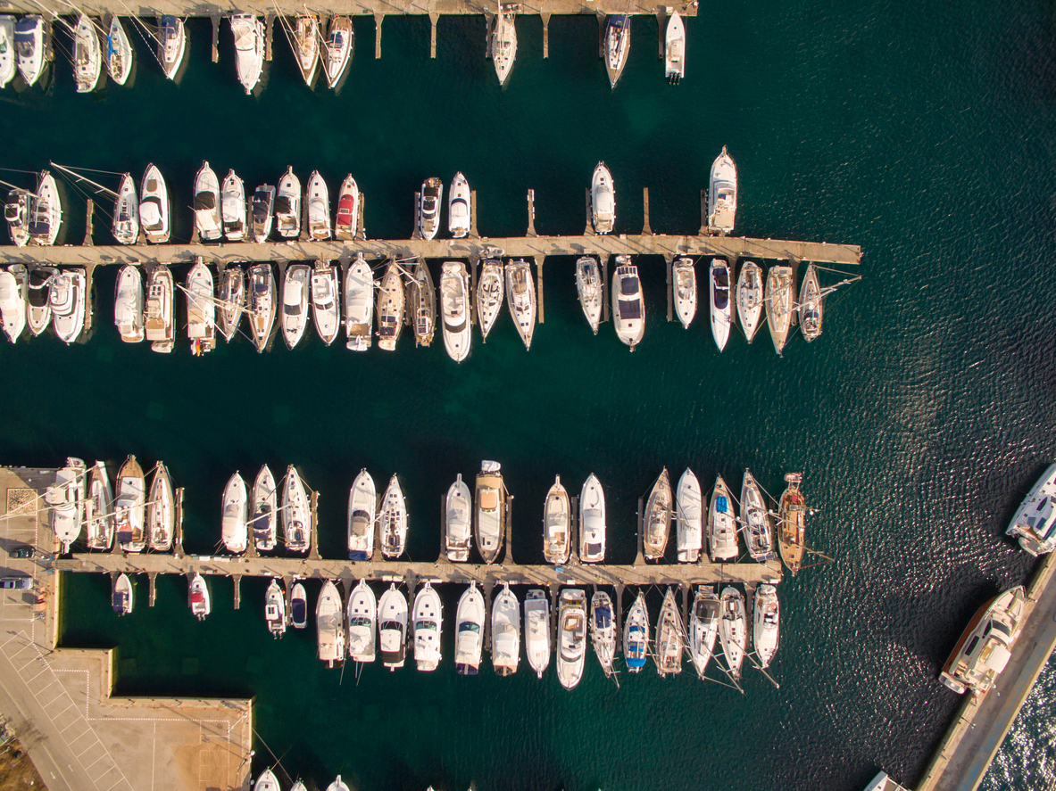 Aerial view of port with loot of moored sailboats and yachts. Lavrio, Greece
