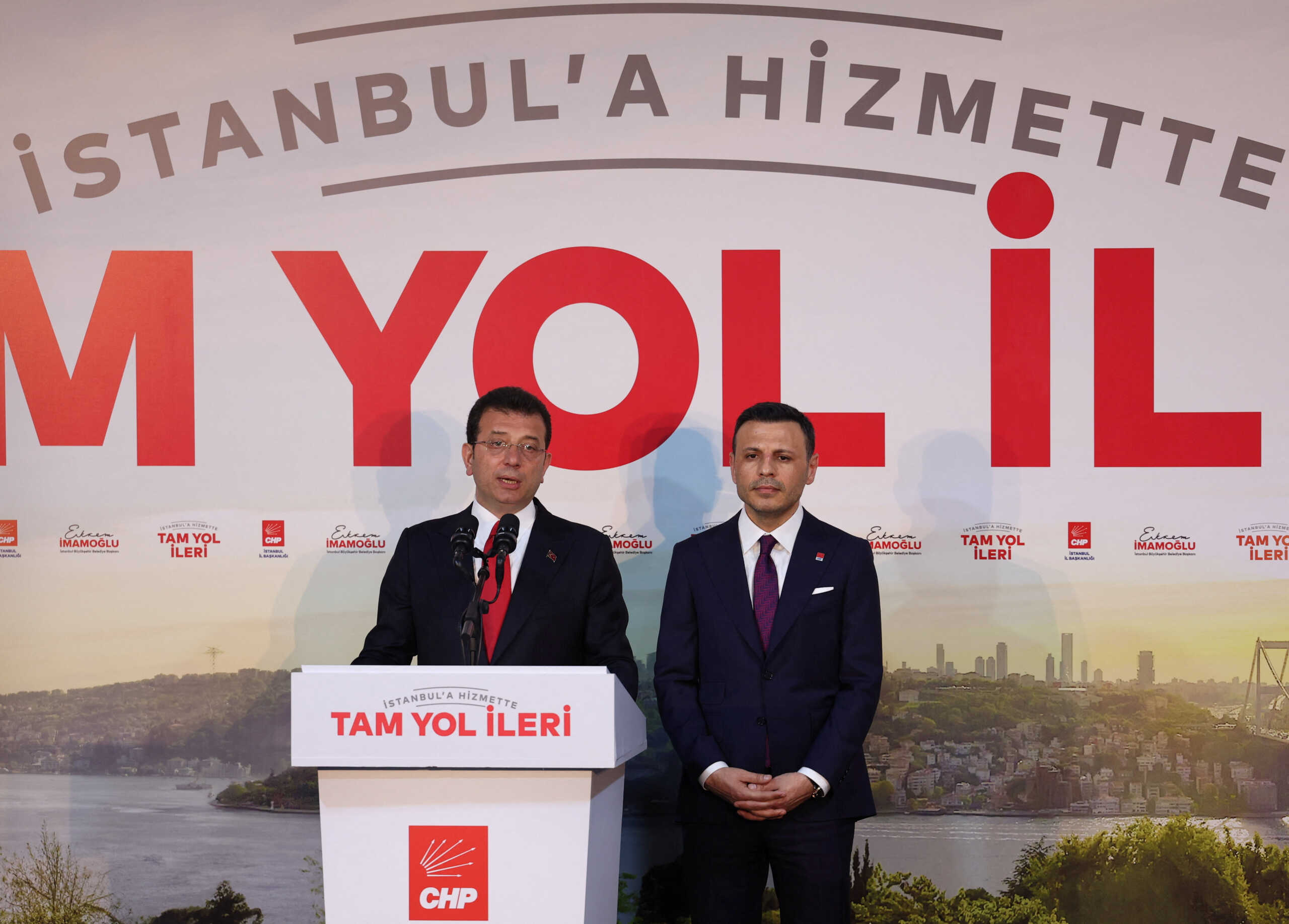 Istanbul Mayor Ekrem Imamoglu, mayoral candidate of the main opposition Republican People's Party (CHP), accompanied by CHP Istanbul Provincial Chairman Ozgur Celik, talks to media at his party's local headquarters in Istanbul, Turkey March 31, 2024. REUTERS