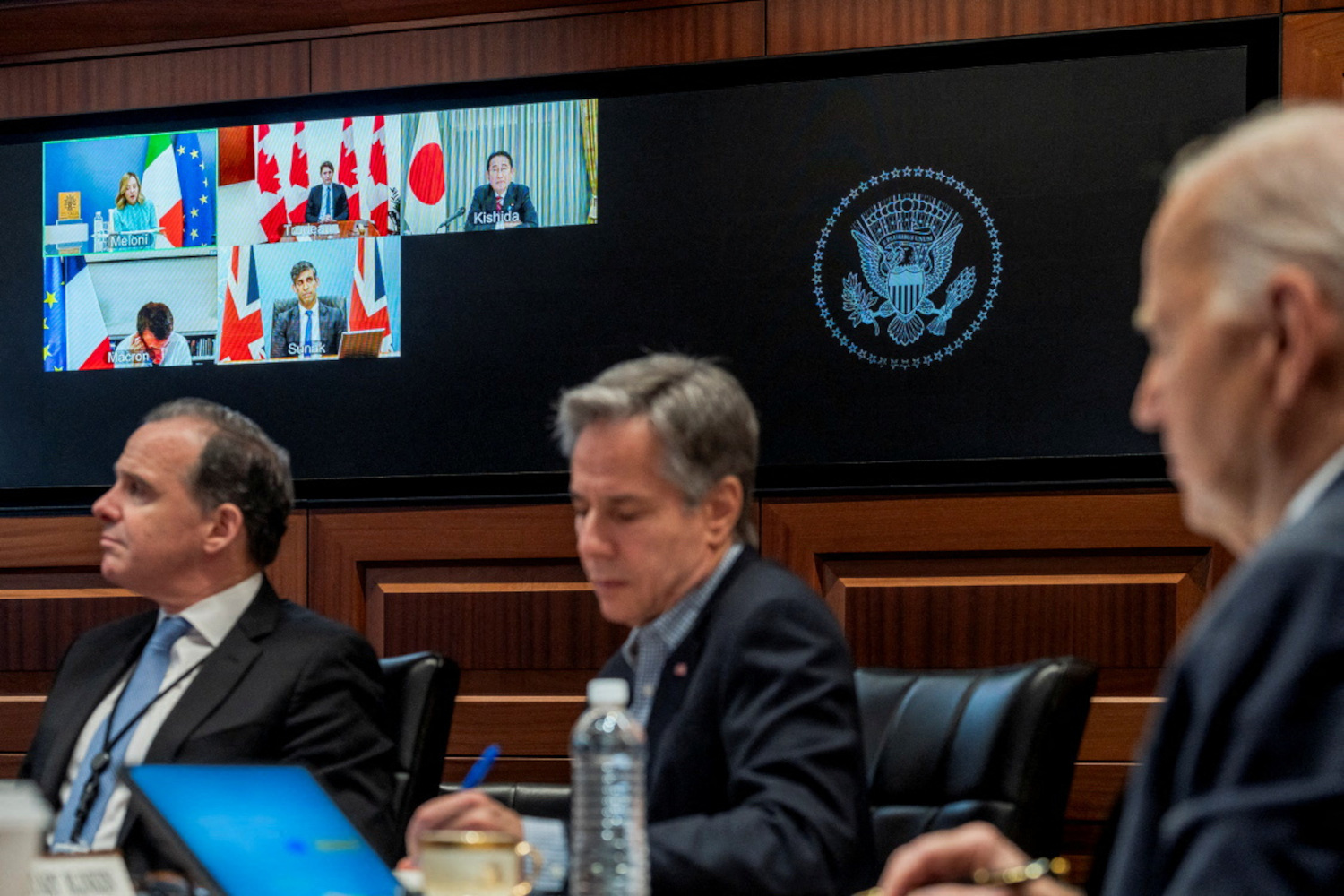 U.S. President Joe Biden and U.S. Secretary of State Antony Blinken attend a video meeting with G7 leaders to discuss the Iranian attack on Israel at the White House in Washington, U.S., April 14, 2024. The White House