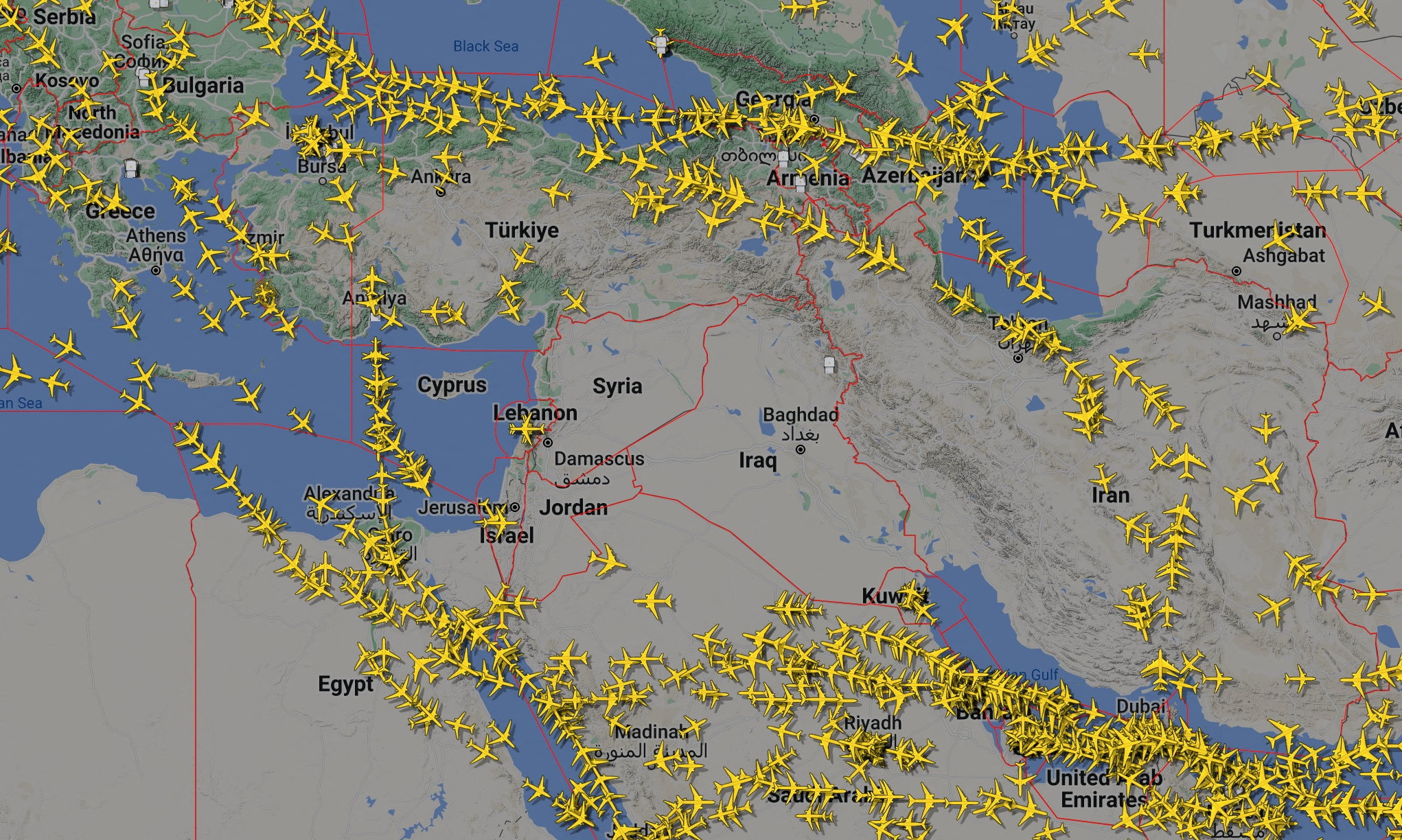 A graphical representation of air traffic shows airspace over Iran and the neighbouring Middle East at 0000 GMT, April 14, 2024. Flightradar24.Com