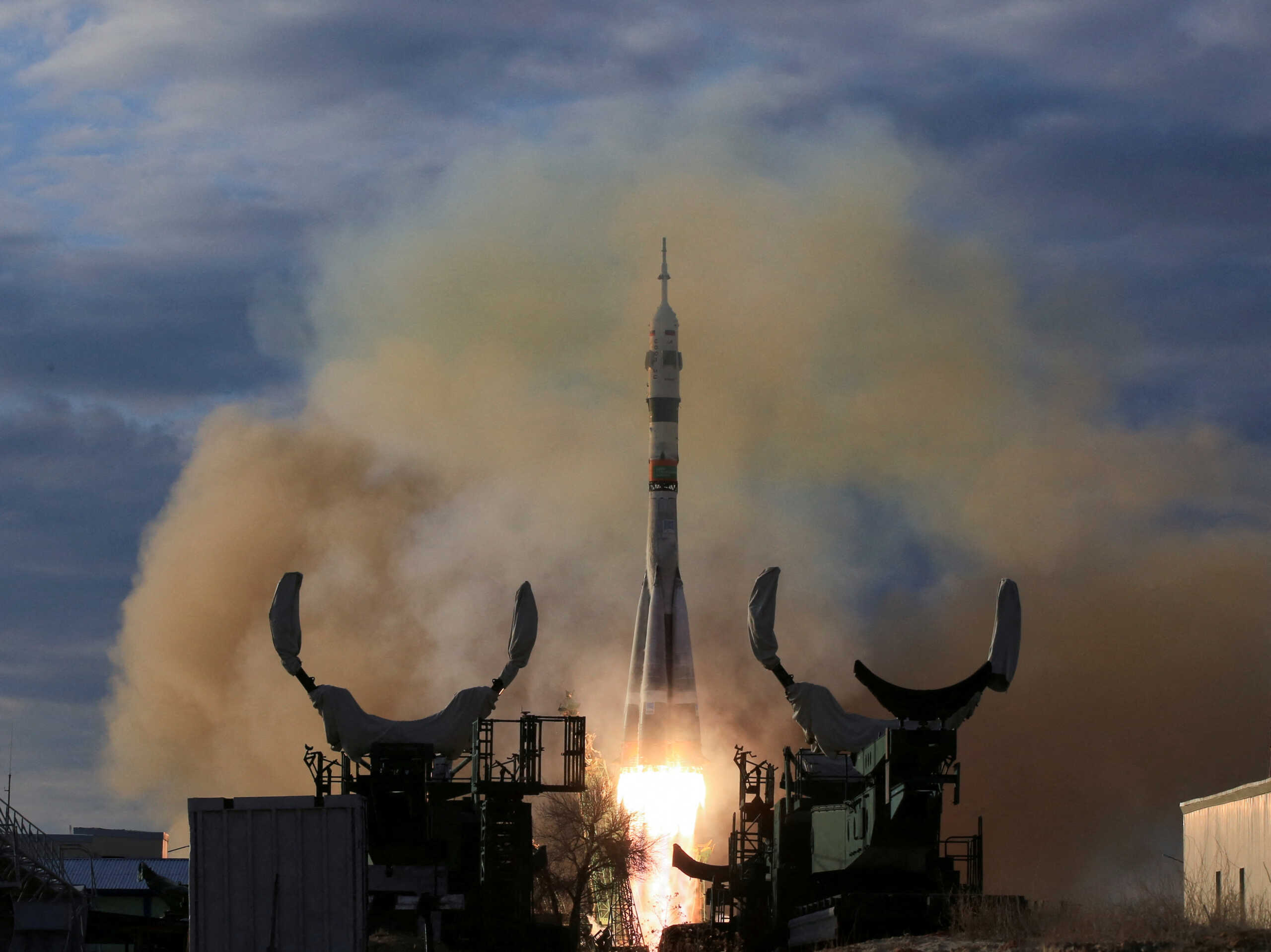 The Soyuz MS-25 spacecraft carrying the crew formed of NASA astronaut Tracy Dyson, Roscosmos cosmonaut Oleg Novitskiy and spaceflight participant Marina Vasilevskaya of Belarus blasts off to the International Space Station (ISS) from the launchpad at the Baikonur Cosmodrome, Kazakhstan, March 23, 2024. REUTERS