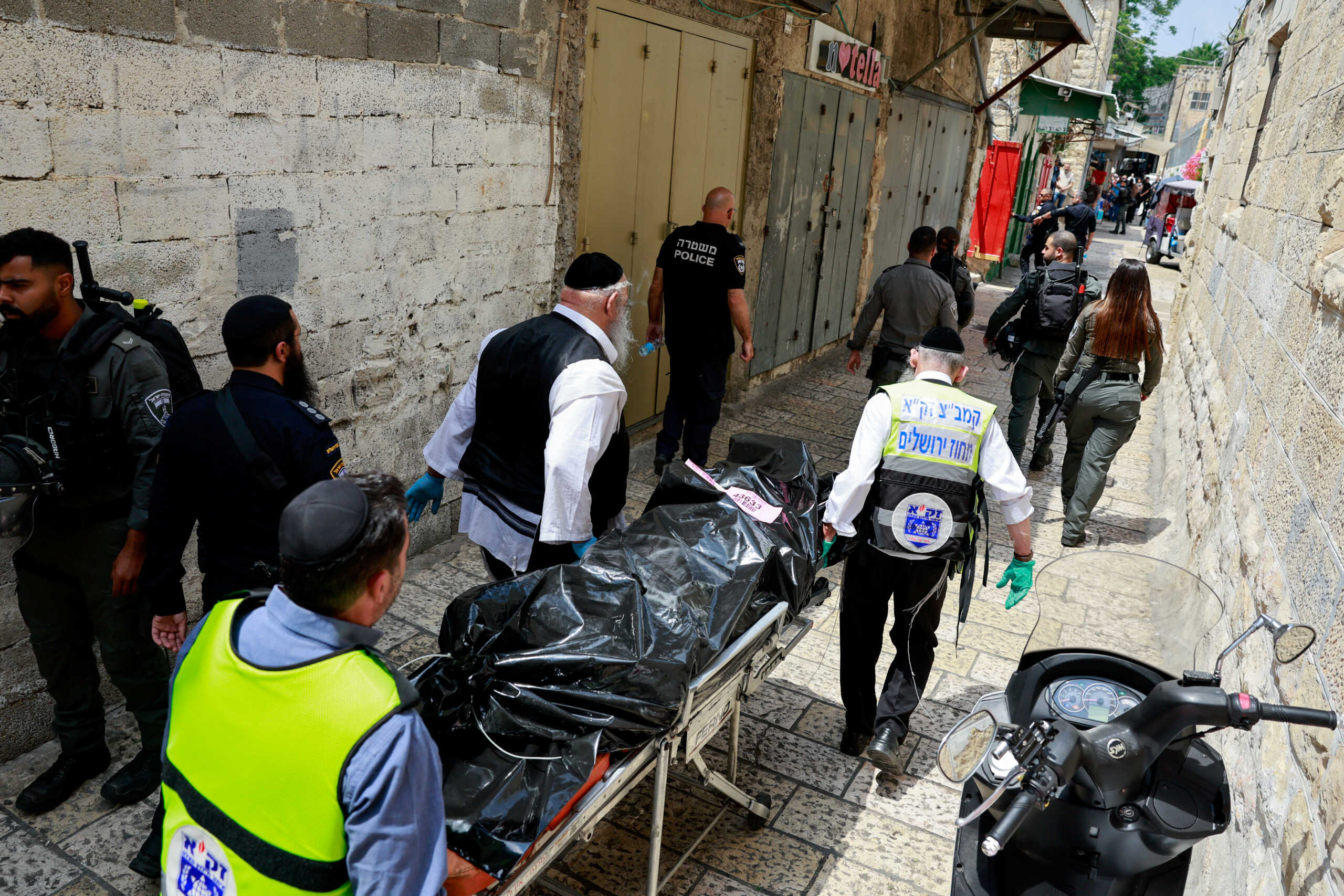 The body of an attacker who, according to the Israeli police, is a Turkish citizen, is transported, as Israeli emergency personnel respond to a stabbing attack, in Jerusalem April 30, 2024REUTERS