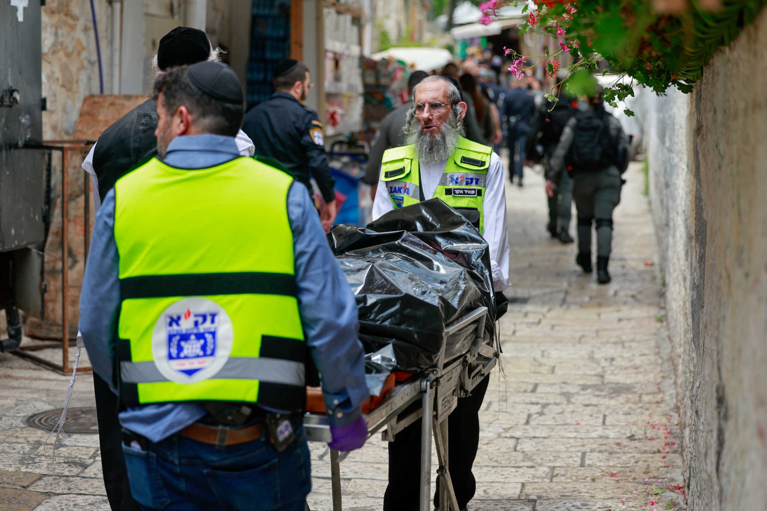 The body of an attacker who, according to the Israeli police, is a Turkish citizen, is transported, as Israeli emergency personnel respond to a stabbing attack, in Jerusalem April 30, 2024REUTERS