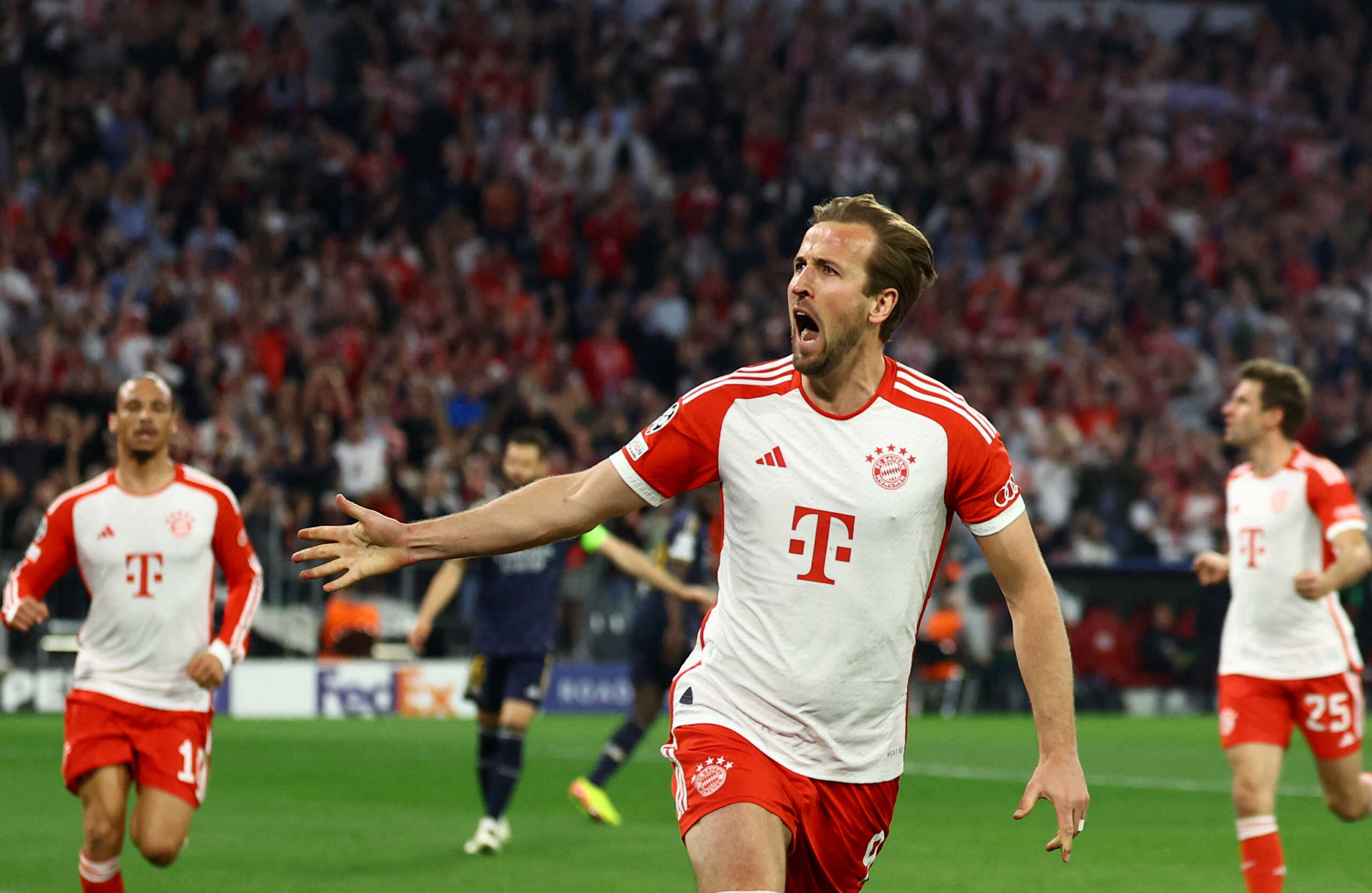 Soccer Football - Champions League - Semi Final - First Leg - Bayern Munich v Real Madrid - Allianz Arena, Munich, Germany - April 30, 2024 Bayern Munich's Harry Kane celebrates scoring their second goal REUTERS