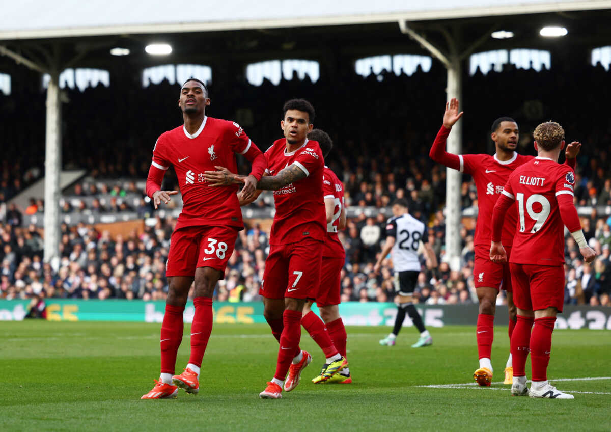 Soccer Football - Premier League - Fulham v Liverpool - Craven Cottage, London, Britain - April 21, 2024 Liverpool's Ryan Gravenberch celebrates scoring their second goal with Luis Diaz Action Images via Reuters