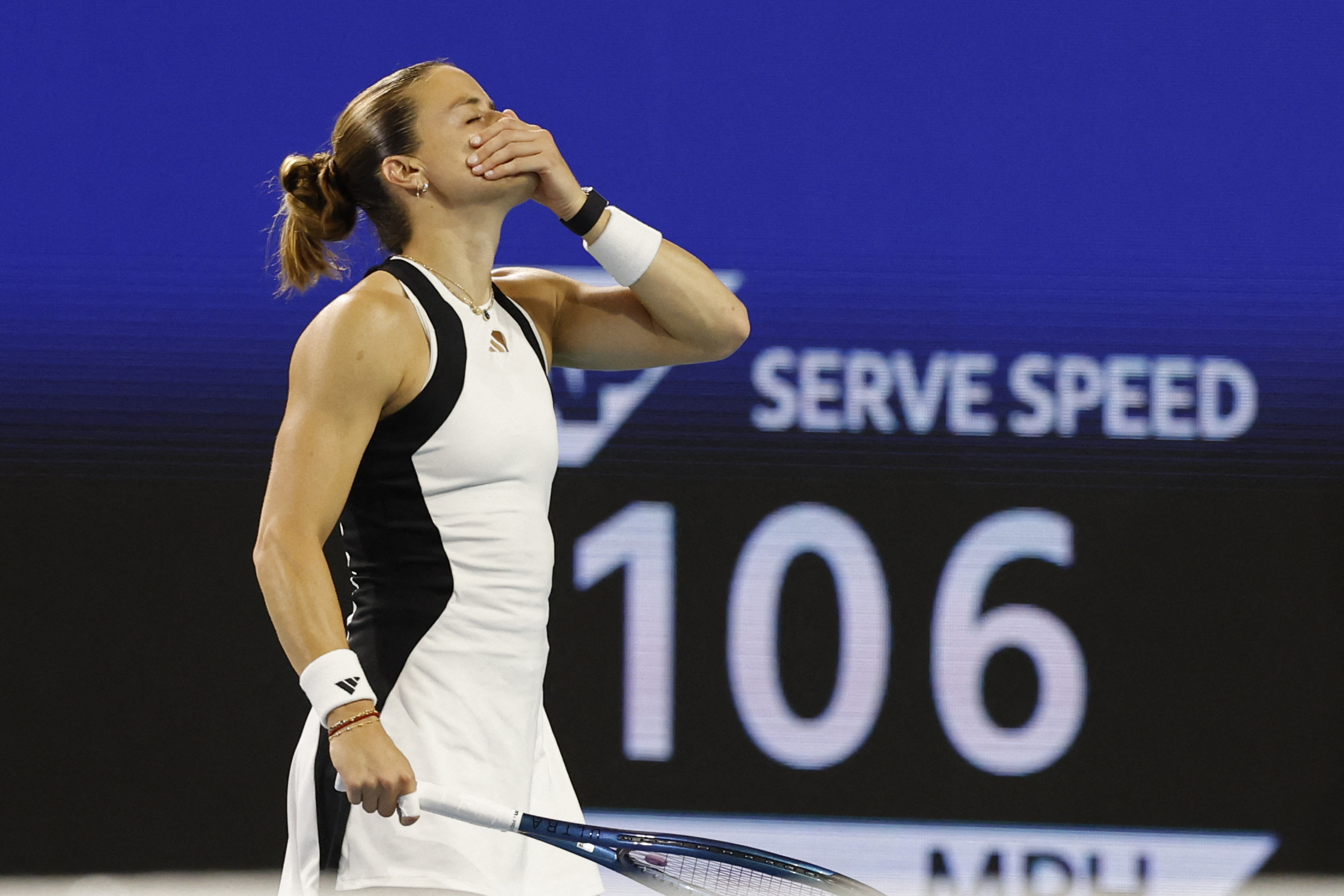Mar 26, 2024; Miami Gardens, FL, USA; Maria Sakkari (GRE) reacts after missing a shot against Elena Rybakina (KAZ) (not pictured) on day nine of the Miami Open at Hard Rock Stadium. Mandatory Credit: Geoff Burke-USA TODAY Sports