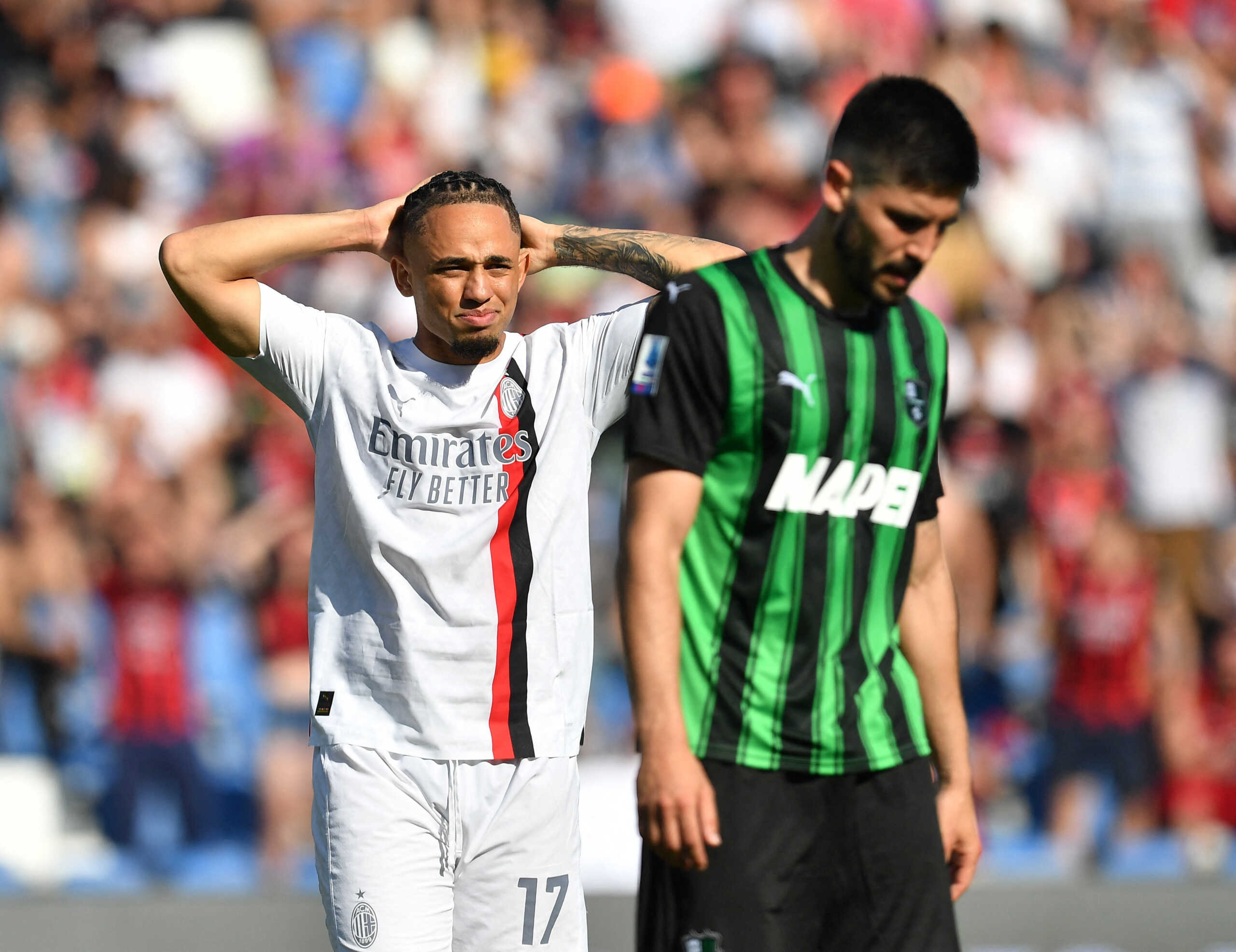 Soccer Football - Serie A - U.S. Sassuolo v AC Milan - Mapei Stadium - Citta del Tricolore, Reggio Emilia, Italy - April 14, 2024 AC Milan's Noah Okafor reacts REUTERS