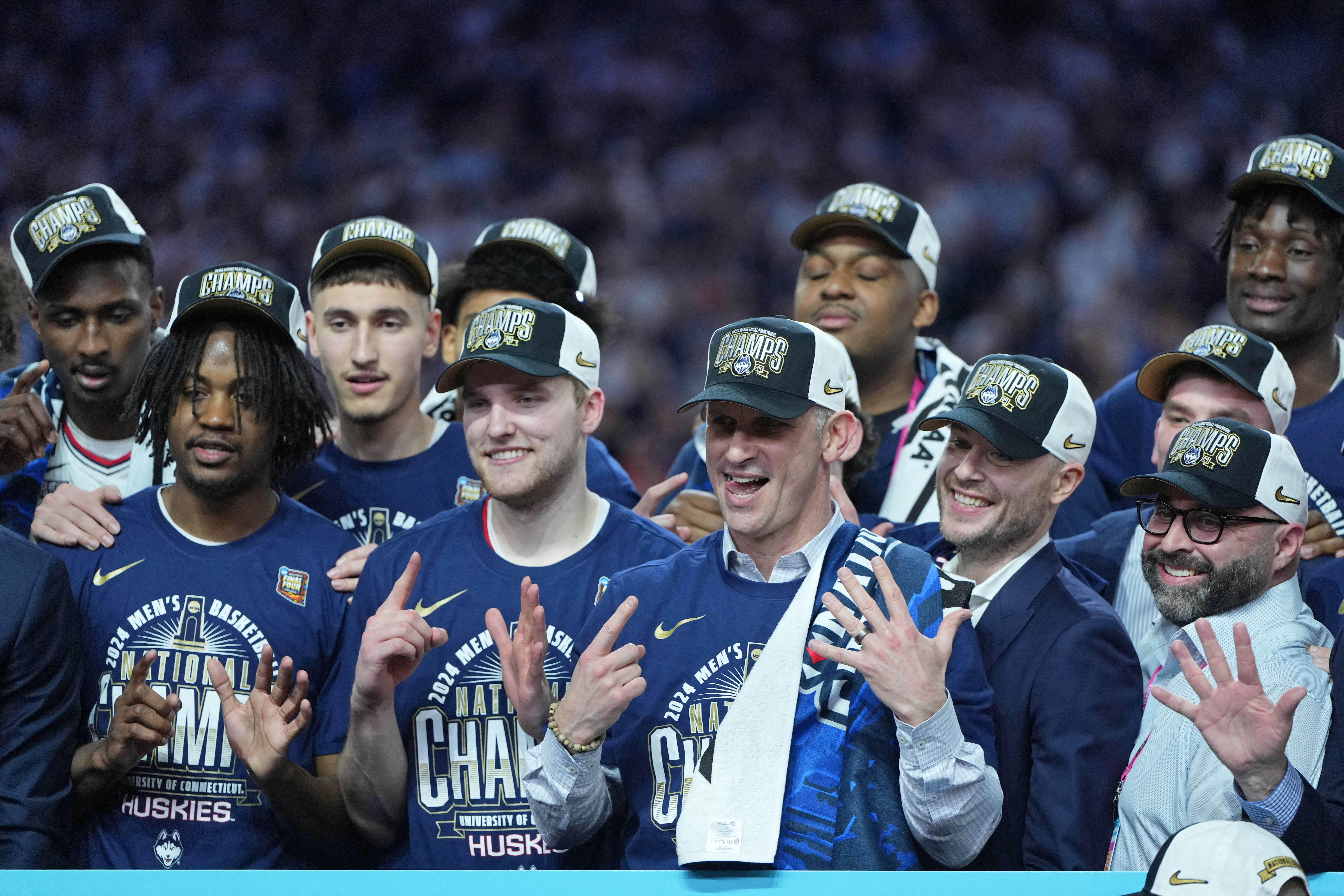 Apr 8, 2024; Glendale, AZ, USA; Connecticut Huskies head coach Dan Hurley celebrates after winning the national championship game of the Final Four of the 2024 NCAA Tournament against the Purdue Boilermakers at State Farm Stadium. Mandatory Credit: Bob Donnan-USA TODAY Sports
