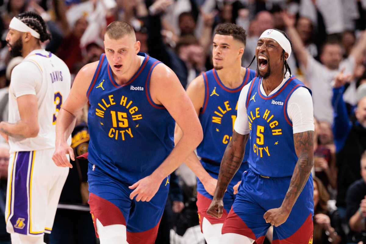 Apr 20, 2024; Denver, Colorado, USA; Denver Nuggets guard Kentavious Caldwell-Pope (5) reacts during the third quarter against the Los Angeles Lakers in game one of the first round for the 2024 NBA playoffs at Ball Arena. Mandatory Credit: Andrew Wevers-USA TODAY Sports