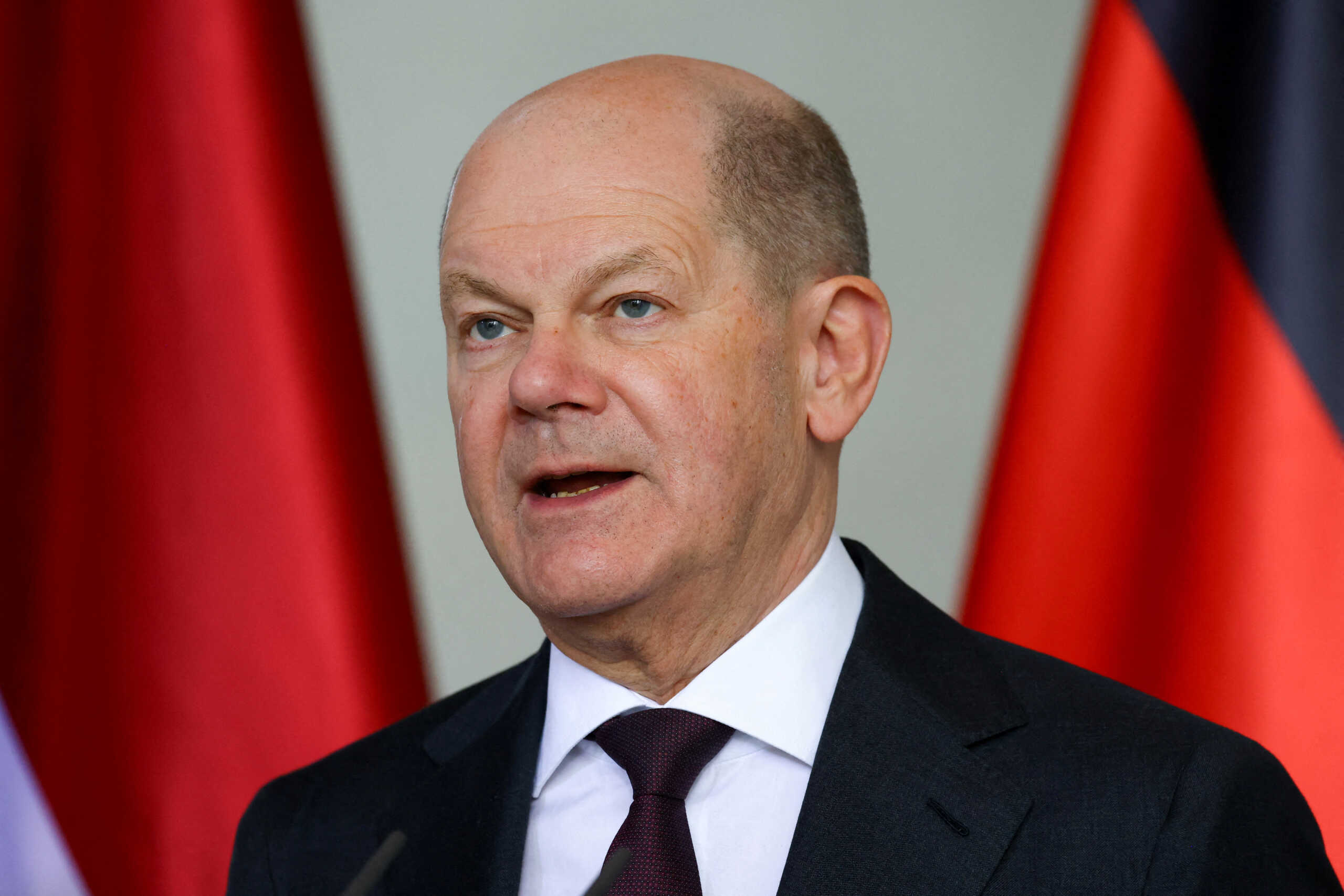 FILE PHOTO: German Chancellor Olaf Scholz speaks during a press conference with Latvian Prime Minister Evika Silina, in Berlin, Germany, March 27, 2024. REUTERS