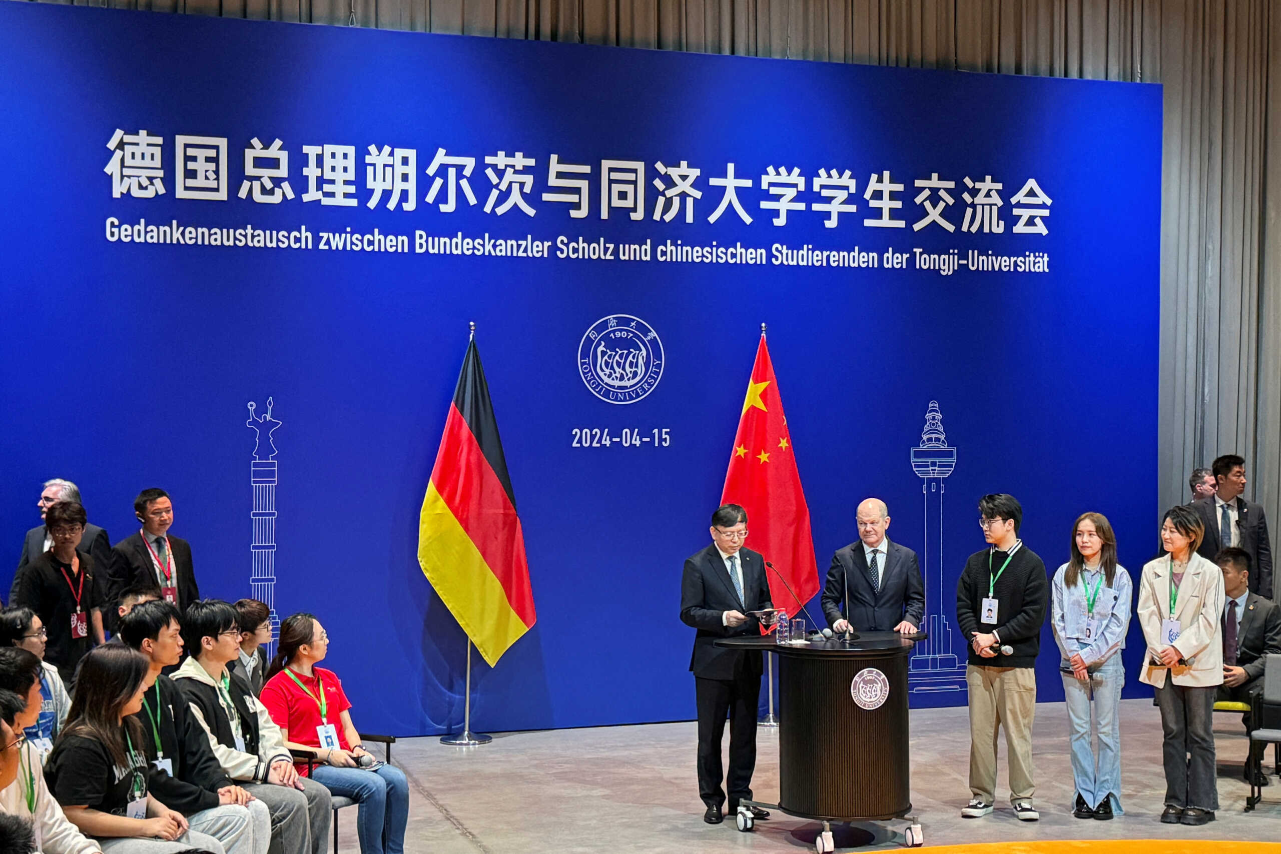 German Chancellor Olaf Scholz attends an event with students at Tongji University in Shanghai, China April 15, 2024. REUTERS