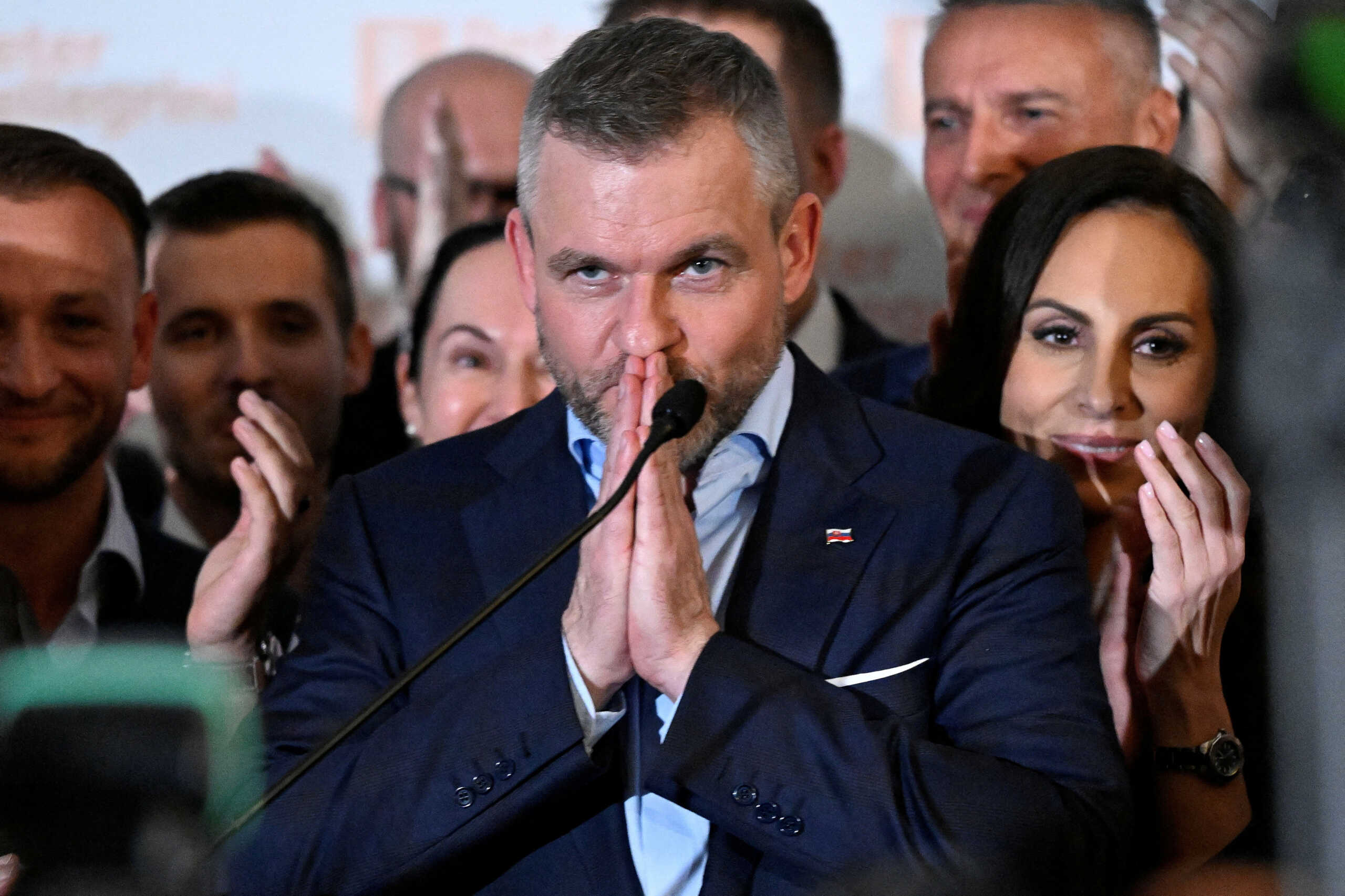 Slovakia's presidential candidate Peter Pellegrini gestures at his headquarters on the day the results of the country's presidential election are announced, in Bratislava, Slovakia, April 7, 2024. REUTERS