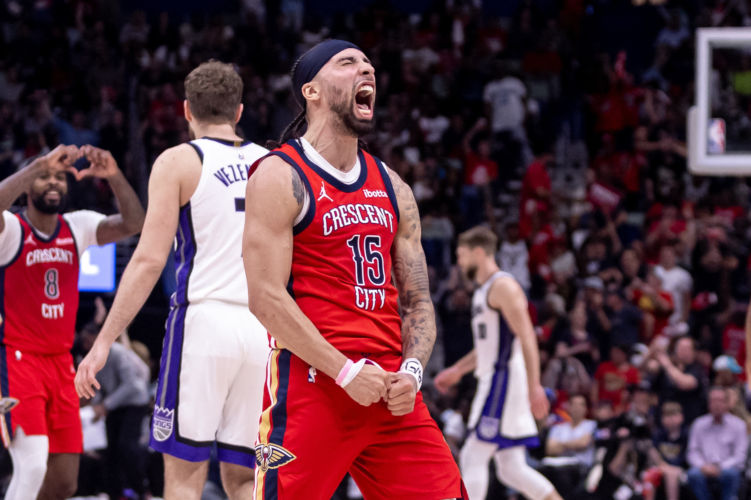 Apr 19, 2024; New Orleans, Louisiana, USA;  New Orleans Pelicans guard Jose Alvarado (15) reacts to making a three point basket against the Sacramento Kings in the second half during a play-in game of the 2024 NBA playoffs at Smoothie King Center. Mandatory Credit: Stephen Lew-USA TODAY Sports