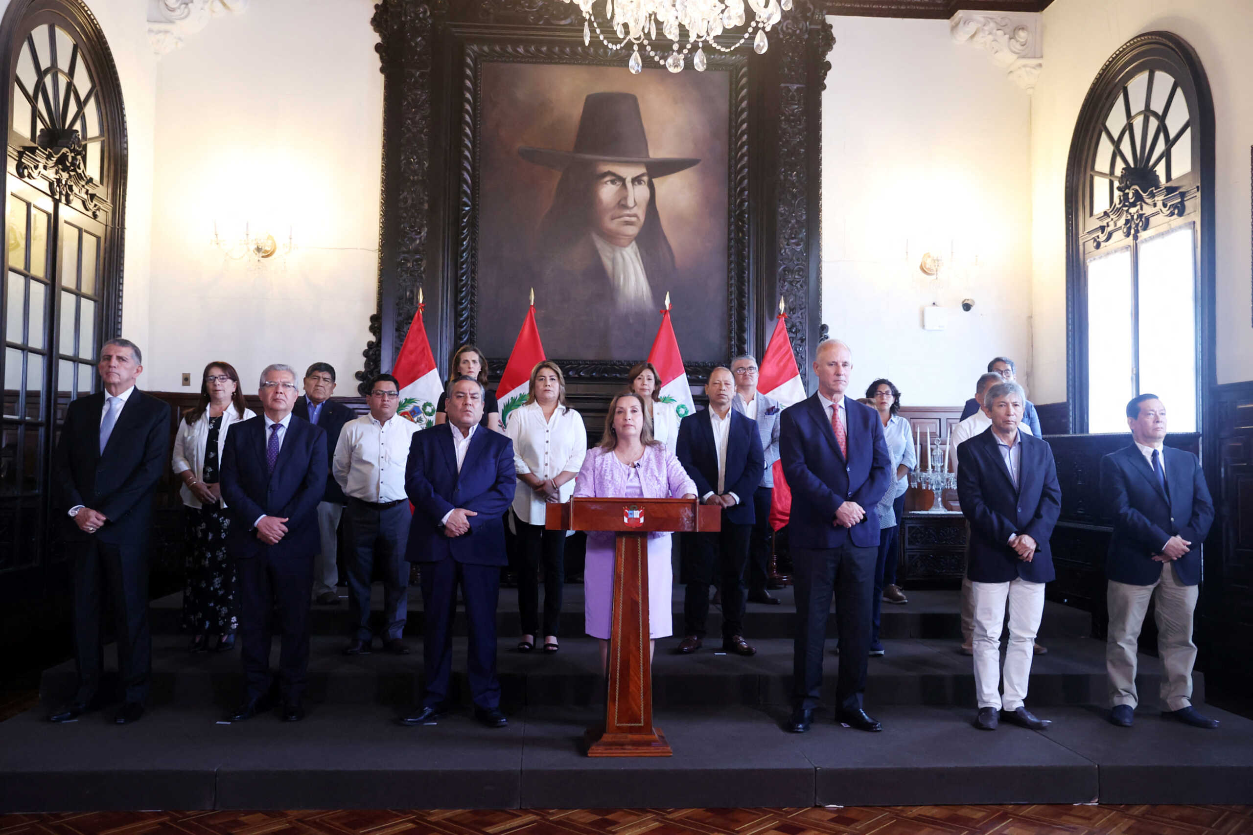 Peru's President Dina Boluarte addresses the nation after Peruvian prosecutors raided her home last night, in the investigations of possible illicit enrichment and non-declaration of ownership of luxury watches, at the Peruvian Government Palace, in Lima, Peru March 30, 2024. Melina Mejia