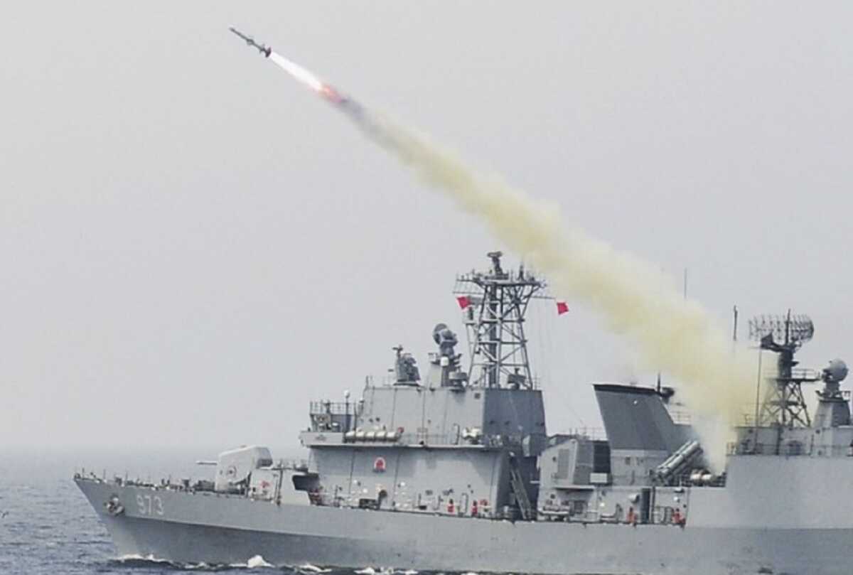 epa06068918 A handout photo made available by the South Korean Navy shows the 3,200-ton destroyer Yang Manchun firing a Harpoon anti-ship missile as the Navy and Air Force conduct a joint live-fire drill in the East Sea, 06 July 2017.  EPA