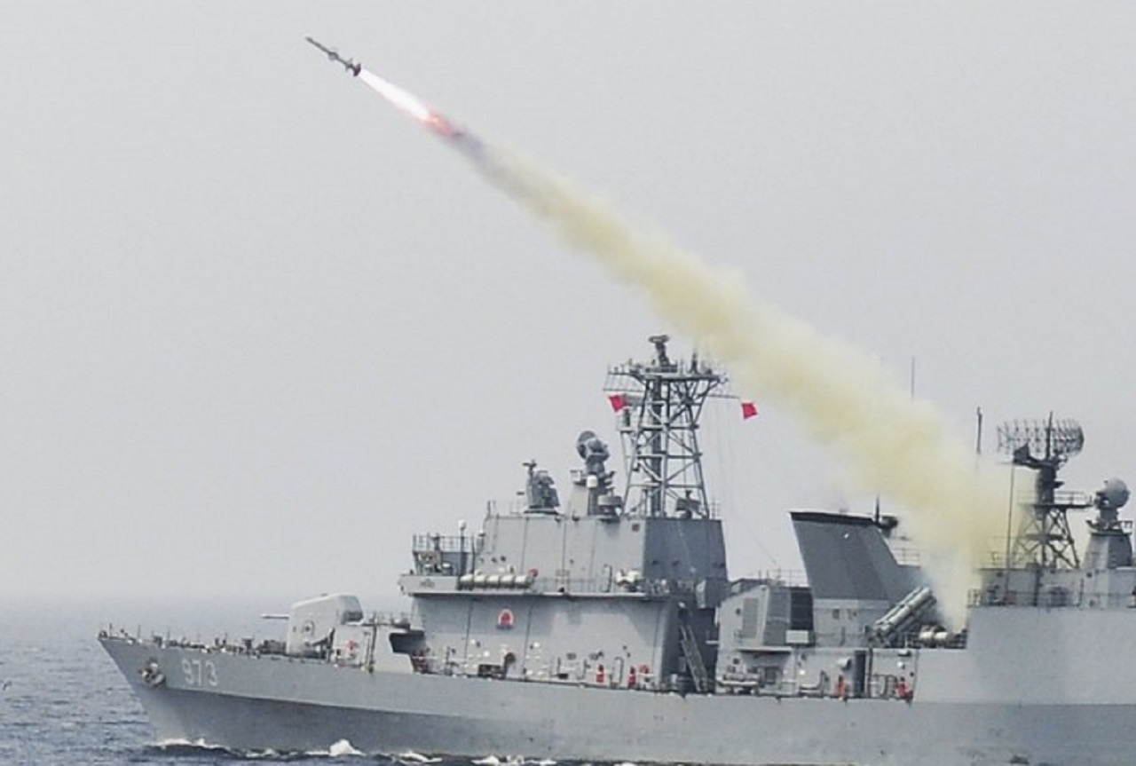 epa06068918 A handout photo made available by the South Korean Navy shows the 3,200-ton destroyer Yang Manchun firing a Harpoon anti-ship missile as the Navy and Air Force conduct a joint live-fire drill in the East Sea, 06 July 2017.  EPA