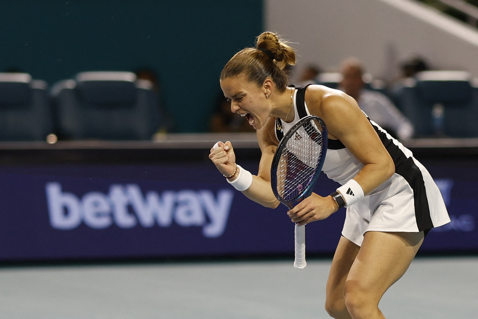 Mar 26, 2024; Miami Gardens, FL, USA; Maria Sakkari (GRE) reacts after wining a second set tie-breaker against Elena Rybakina (KAZ) (not pictured) on day nine of the Miami Open at Hard Rock Stadium. Mandatory Credit: Geoff Burke-USA TODAY Sports