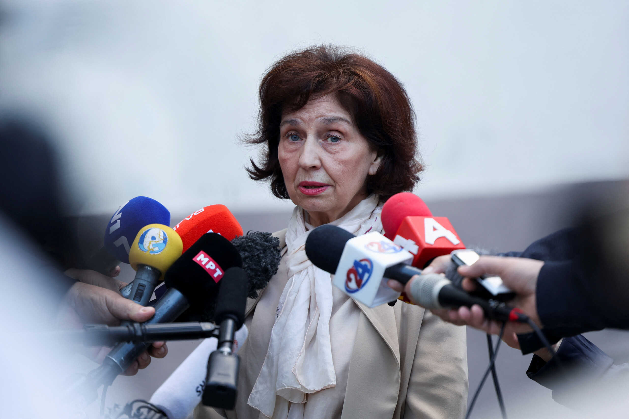 North Macedonia's biggest opposition party VMRO-DPMNE's presidential candidate Gordana Siljanovska-Davkova talks to the media during the presidential election in Skopje, North Macedonia  April 24, 2024. REUTERS
