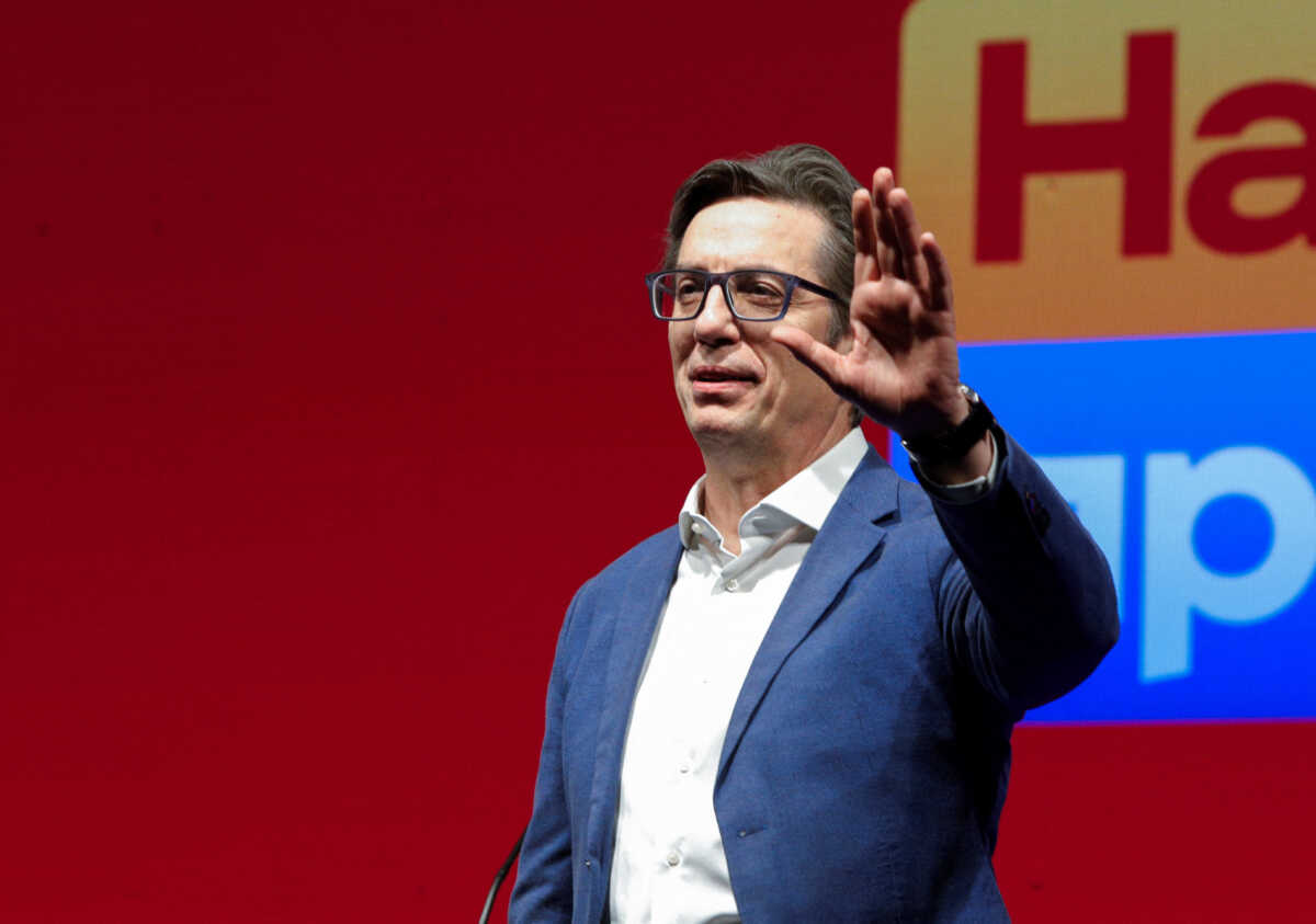 North Macedonia's President and candidate of the ruling SDSM party Stevo Pendarovski, looks on during a party meeting in Skopje, North Macedonia, April 8, 2024.REUTERS