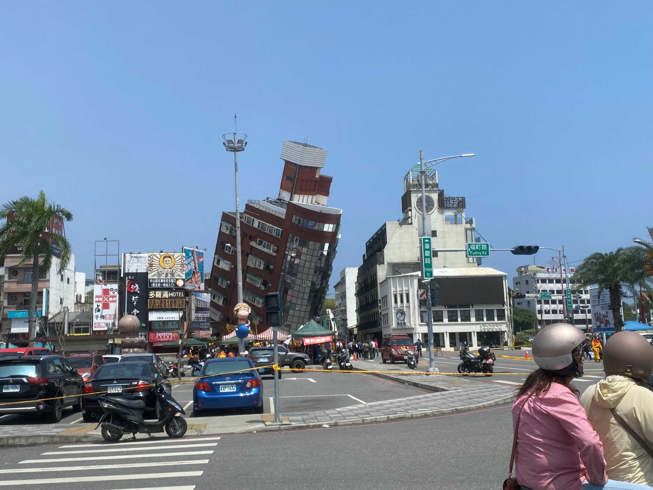 An area of a damaged building cordoned off, following an earthquake in Hualien, Taiwan April 3, 2024 in this handout image. Haote Zhang