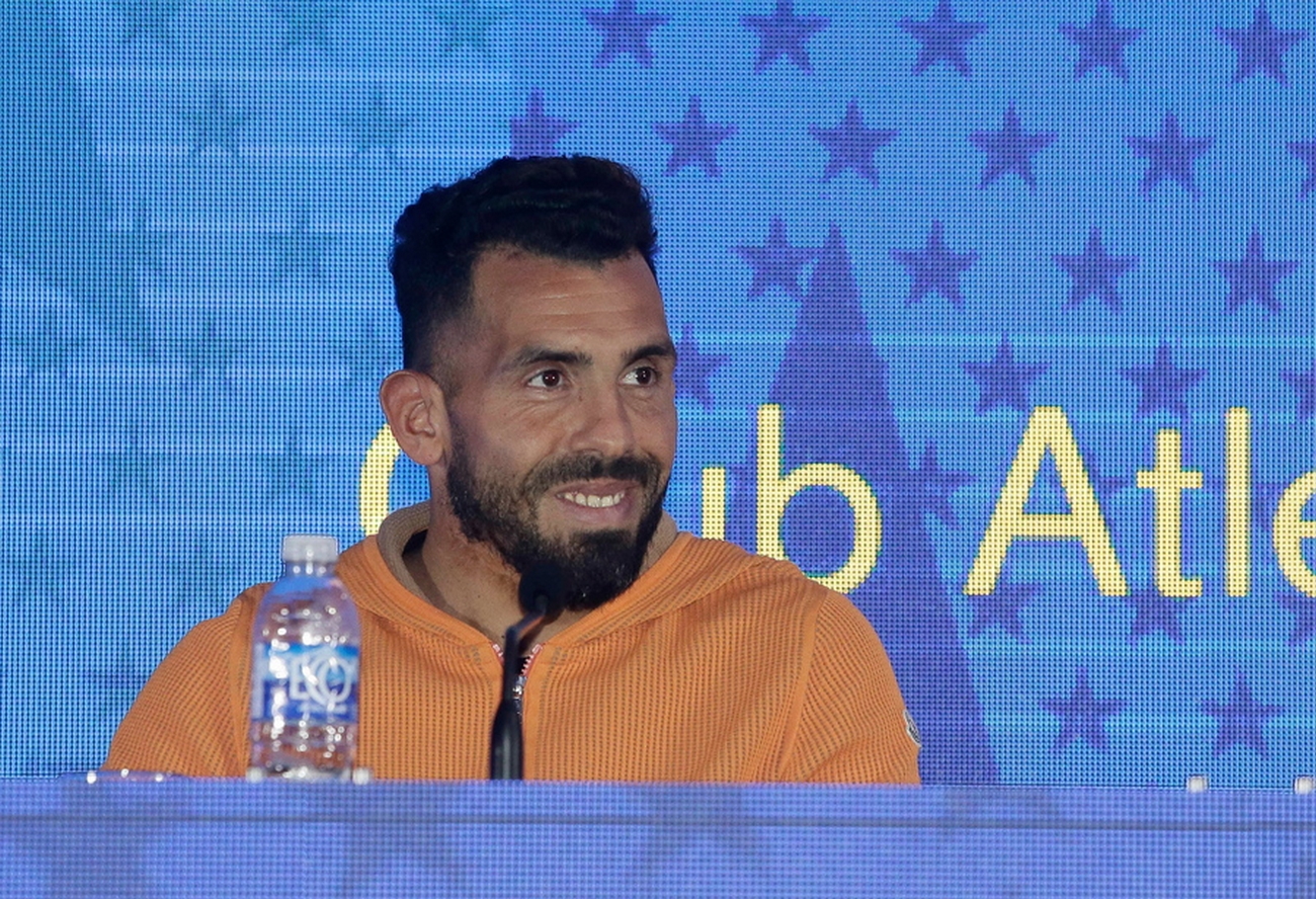 epa09248853 A handout photo made available by Argentinian club Boca Juniors shows player Carlos Tevez during a press conference at La Bombera Stadium in Buenos Aires, Argentina, 04 June 2021. Tevez, 37-years-old, announced his retirement of Boca Juniors.  EPA