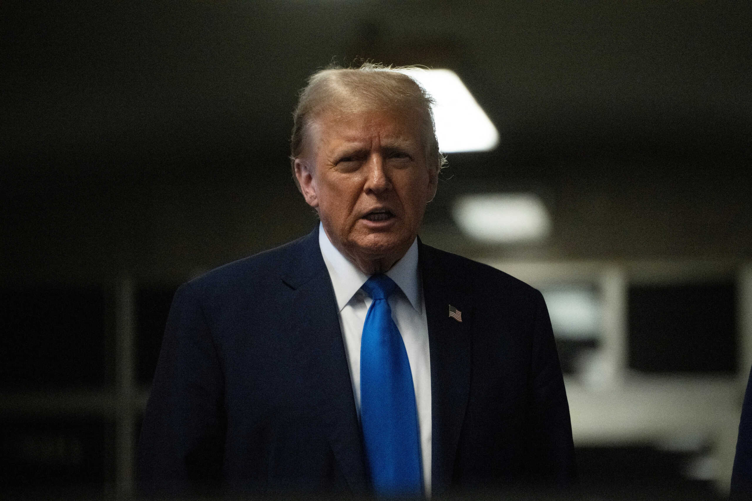 Former president Donald Trump speaks to the media after the first day of opening statements in his trial at Manhattan Criminal Court for falsifying documents related to hush money payments, in New York, NY, on Monday, April 22, 2024. Victor J. Blue