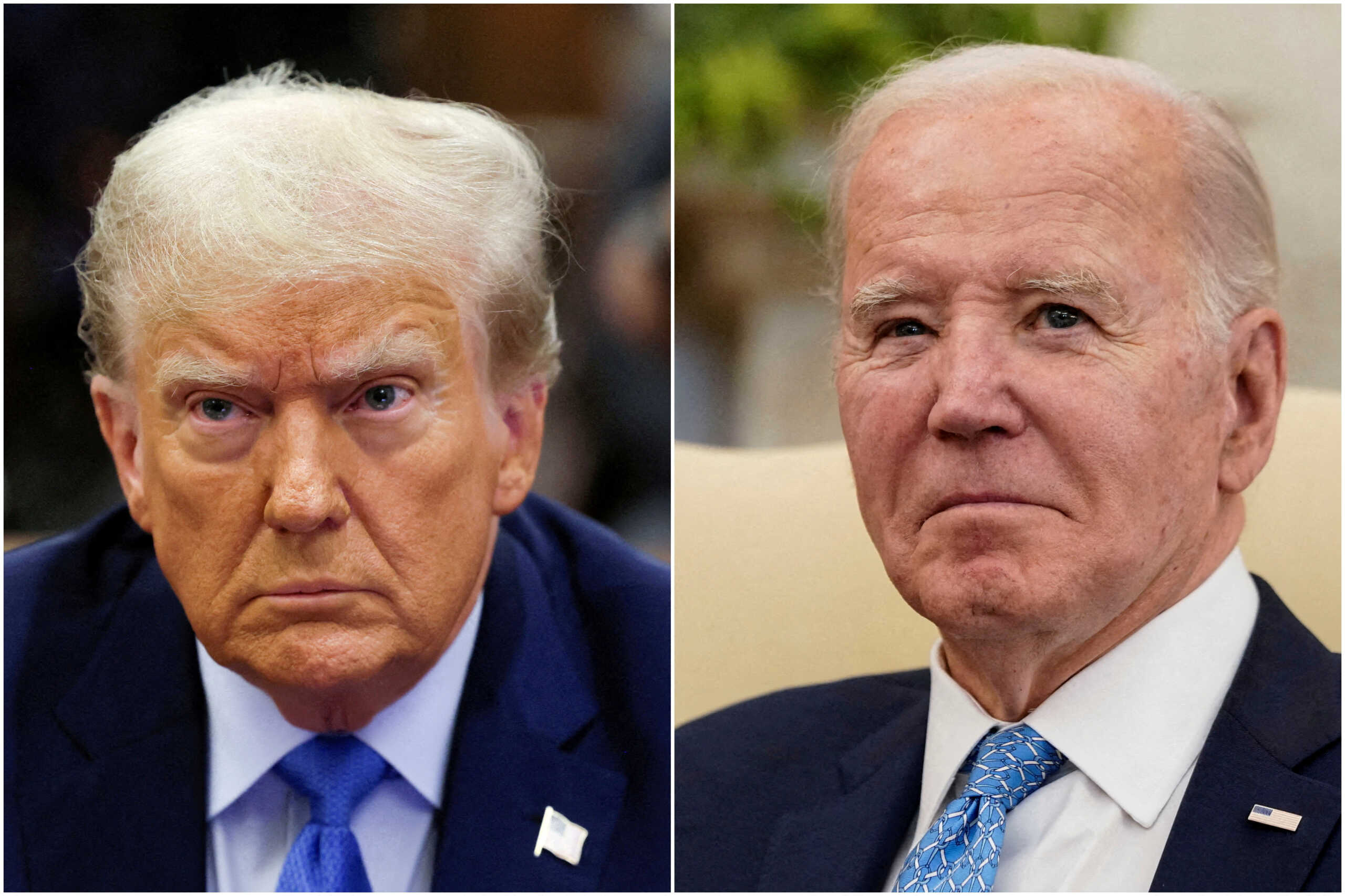 FILE PHOTO: Combination picture showing former U.S. President Donald Trump attending the Trump Organization civil fraud trial, in New York State Supreme Court in the Manhattan borough of New York City, U.S., November 6, 2023 and U.S. President Joe Biden participating in a meeting with Italy's Prime Minister Giorgia Meloni in the Oval Office at the White House in Washington, U.S., March 1, 2024. REUTERS