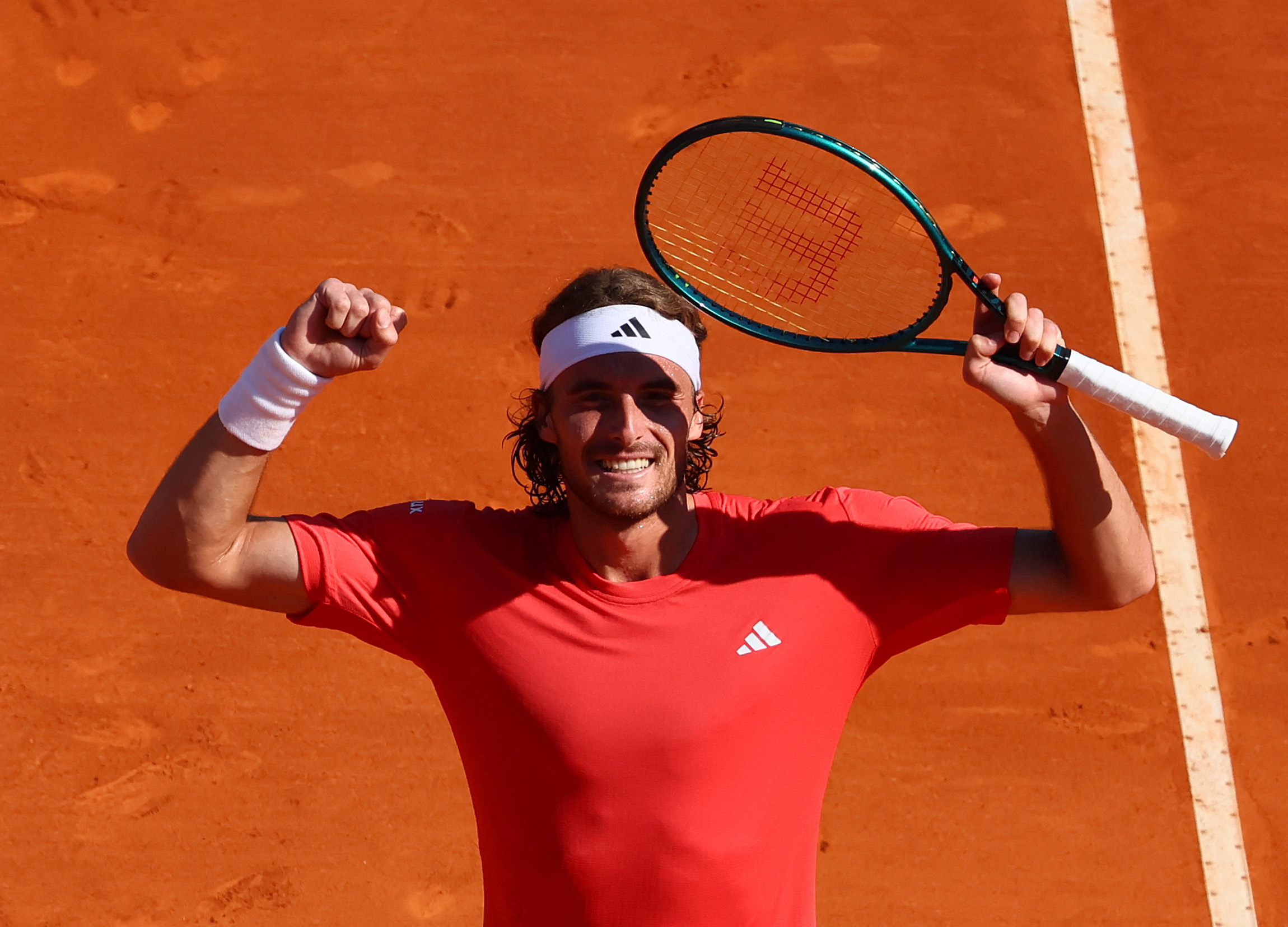 Tennis - ATP Masters 1000 - Monte Carlo Masters - Monte Carlo Country Club, Roquebrune-Cap-Martin, France - April 13, 2024 Greece's Stefanos Tsitsipas celebrates winning his semi final match against Italy's Jannik Sinner REUTERS
