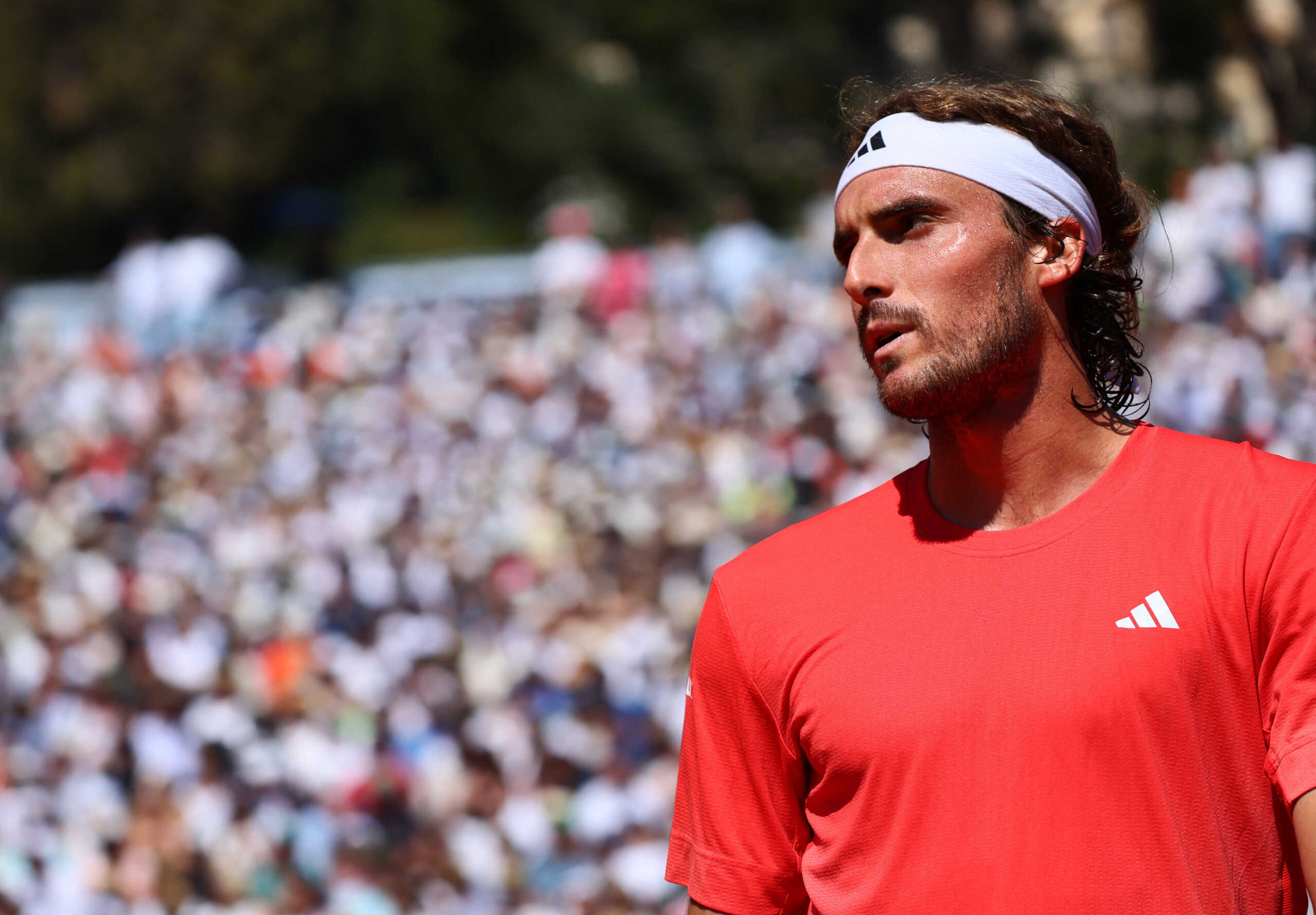 Tennis - ATP Masters 1000 - Monte Carlo Masters - Monte Carlo Country Club, Roquebrune-Cap-Martin, France - April 13, 2024 Greece's Stefanos Tsitsipas reacts during his semi final match against Italy's Jannik Sinner REUTERS