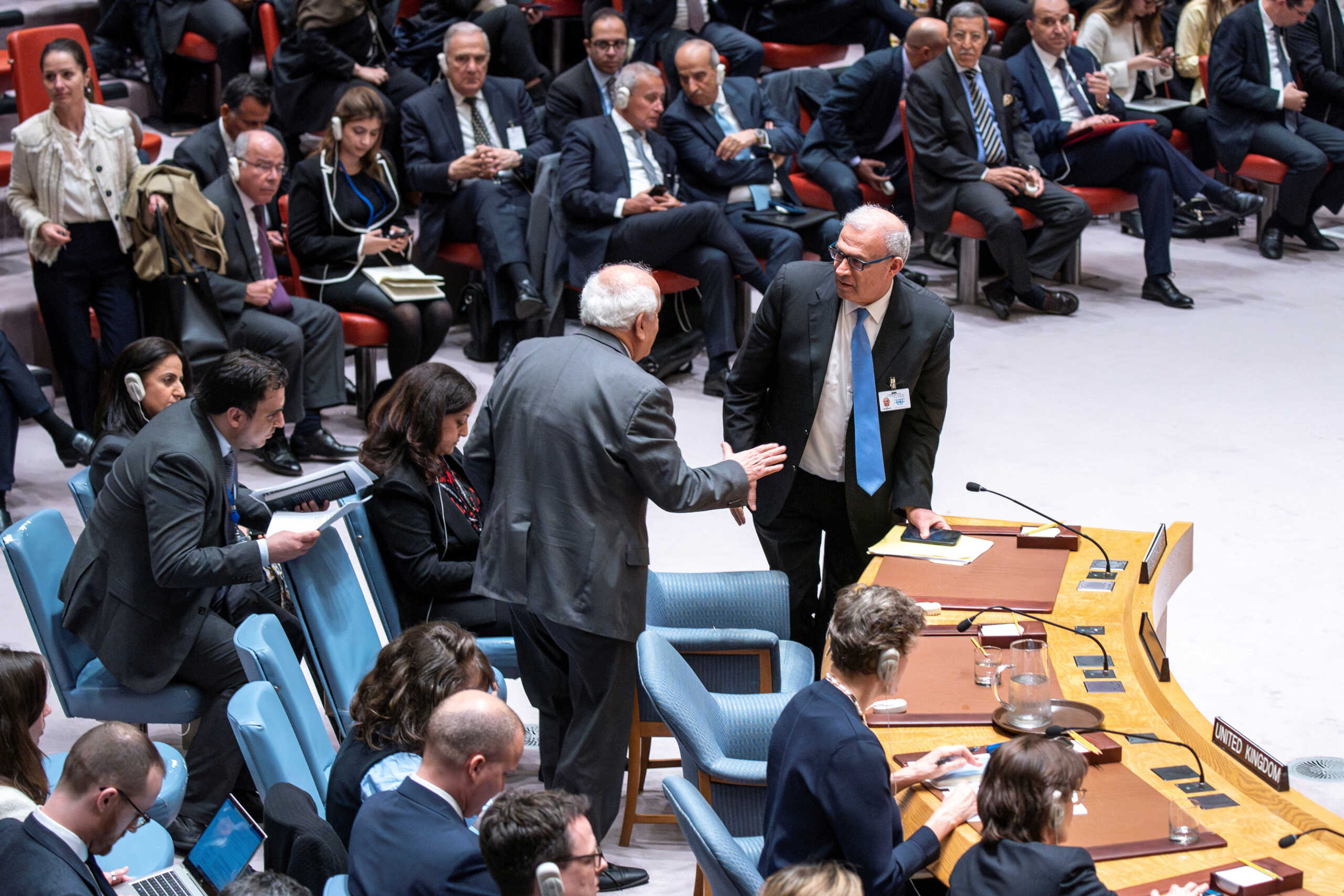 Ziad Abu-Amr, member of the Palestinian Legislative Council, exits the chamber after U.S. Deputy Ambassador to the United Nations Robert Wood voted against members of the Security Council allowing Palestinian U.N. membership during a Security Council at U.N. headquarters in New York City, New York, U.S., April 18, 2024. REUTERS