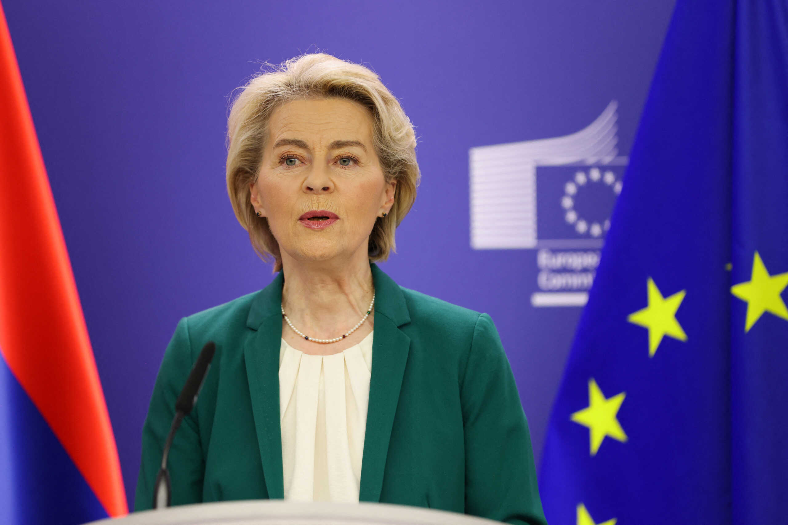 EU Commission President Ursula von der Leyen speaks to the media on the day of the meeting with U.S. Secretary of State Antony Blinken, European Union foreign policy chief Josep Borrell and Armenian Prime Minister Nikol Pashinyan in Brussels, Belgium, April 5, 2024. REUTERS