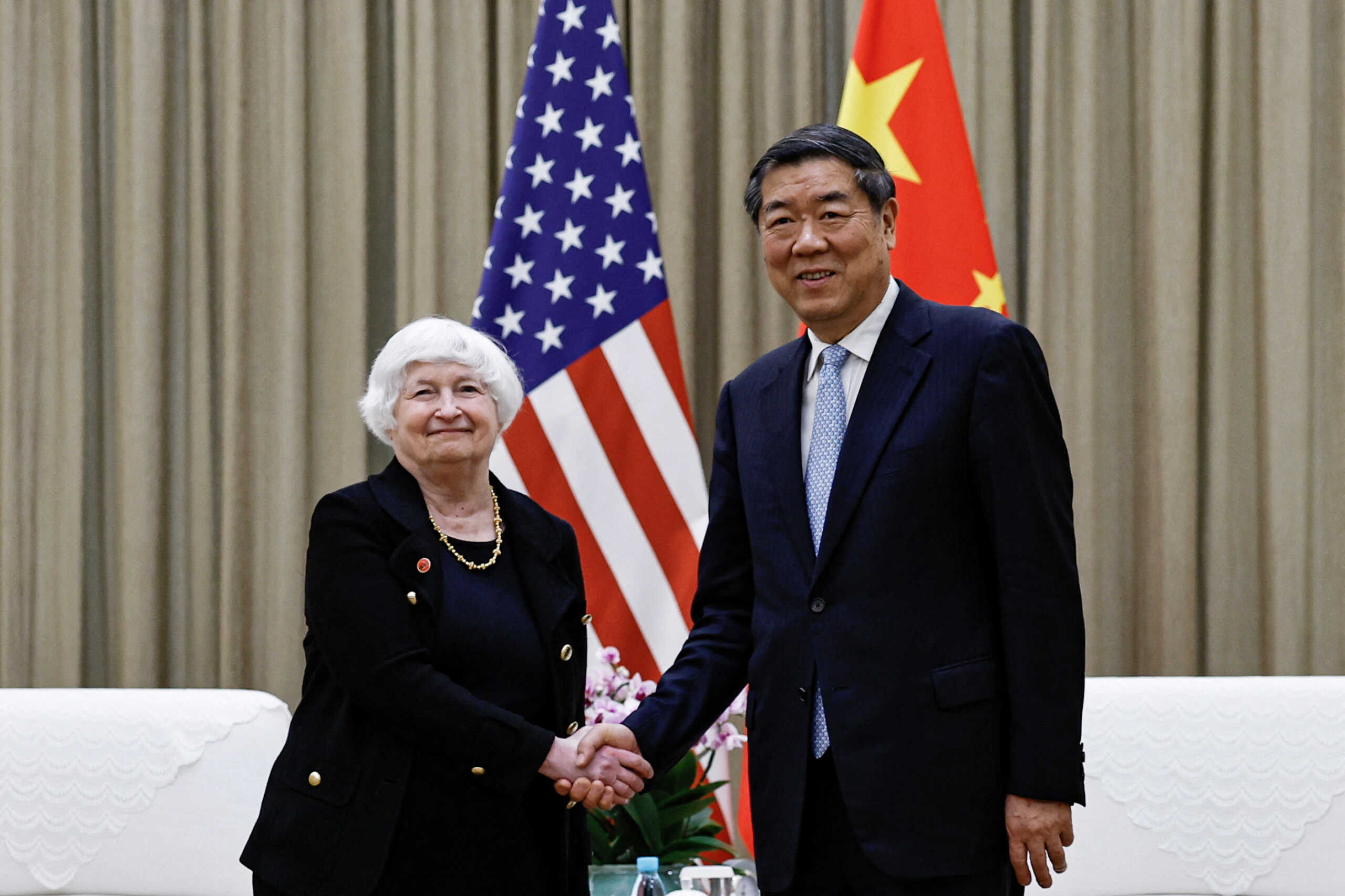U.S. Treasury Secretary Janet Yellen shakes hands with China's Vice Premier He Lifeng before a meeting at the Guangdong Zhudao Guest House, in Guangzhou, Guangdong province, China, April 6, 2024. REUTERS