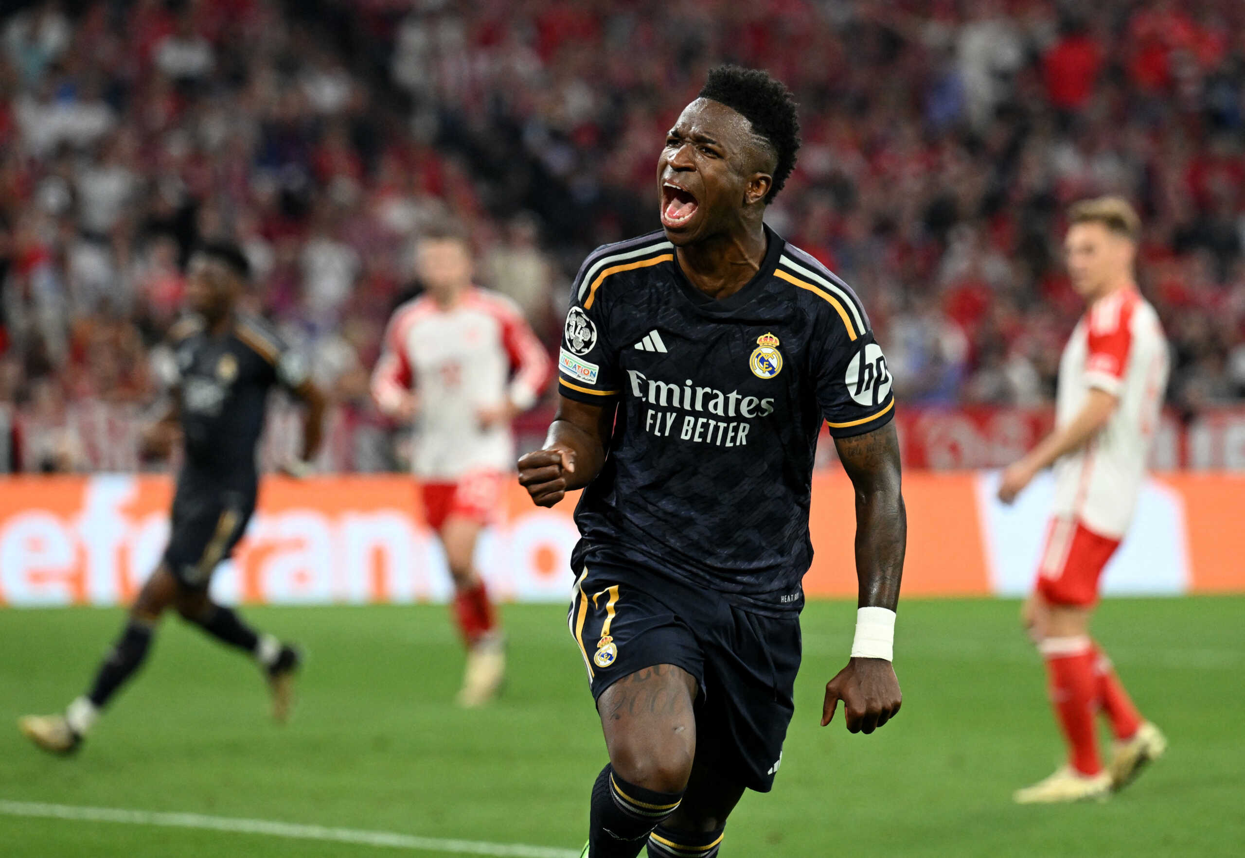 Soccer Football - Champions League - Semi Final - First Leg - Bayern Munich v Real Madrid - Allianz Arena, Munich, Germany - April 30, 2024 Real Madrid's Vinicius Junior celebrates scoring their second goal REUTERS