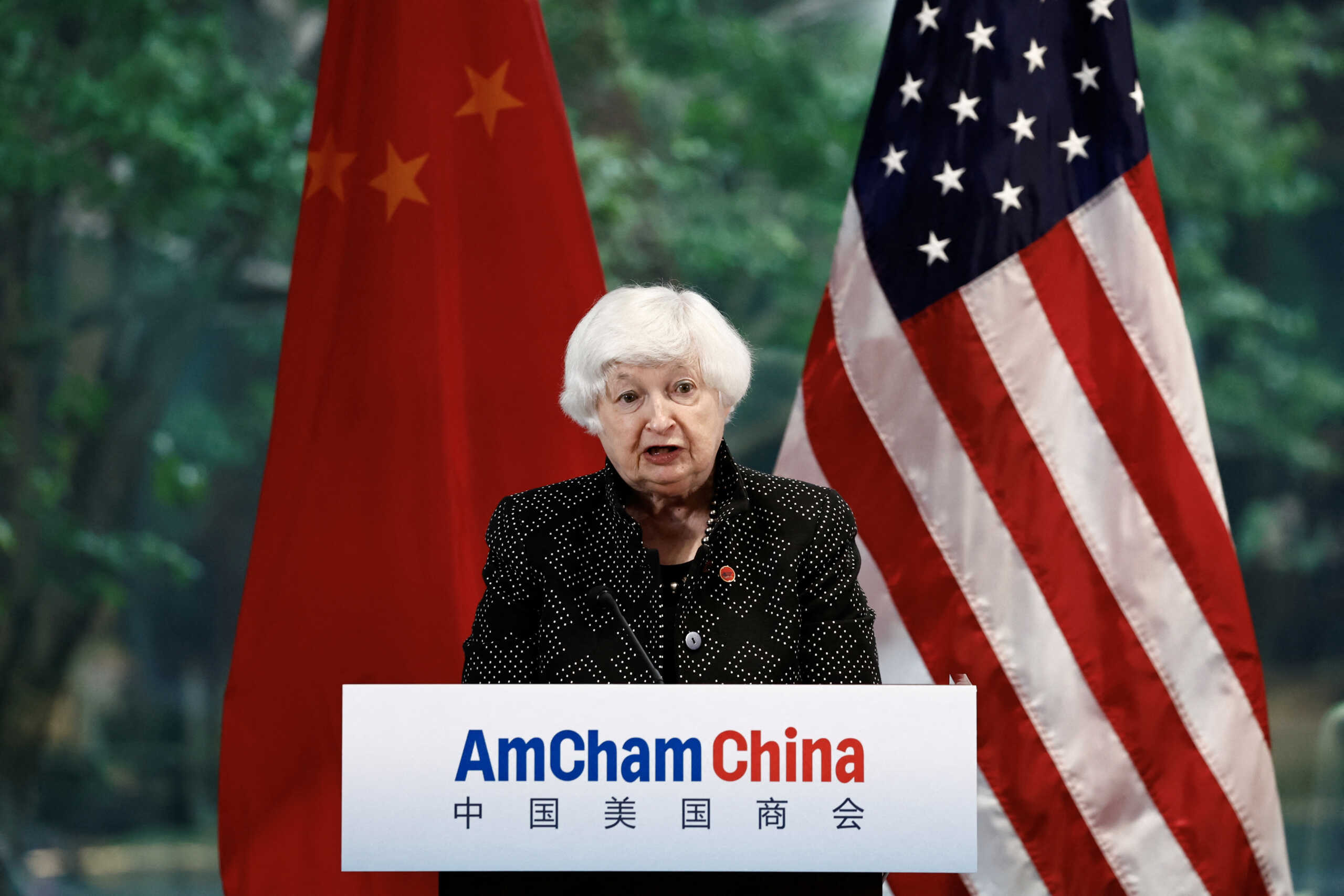 U.S. Treasury Secretary Janet Yellen speaks during an event by the American Chamber of Commerce in China (AmCham China) in Guangzhou, Guangdong province, China April 5, 2024. REUTERS