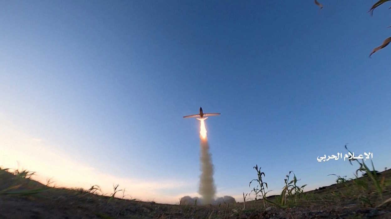 FILE PHOTO: A military drone is launched from an unknown location in Yemen, February 15, 2022 in this screengrab obtained from a handout video.  Houthi Military Media