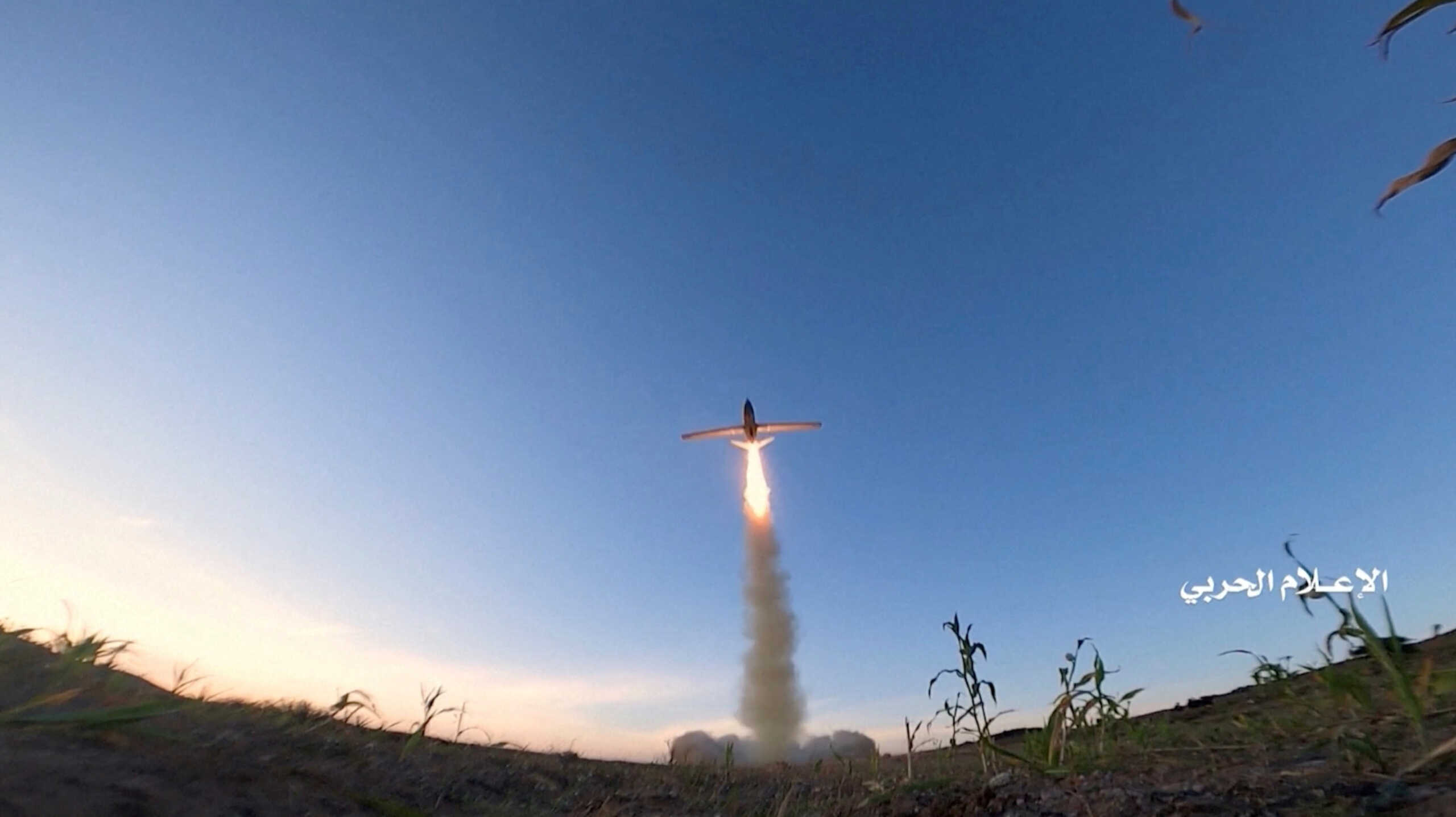 FILE PHOTO: A military drone is launched from an unknown location in Yemen, February 15, 2022 in this screengrab obtained from a handout video.  Houthi Military Media