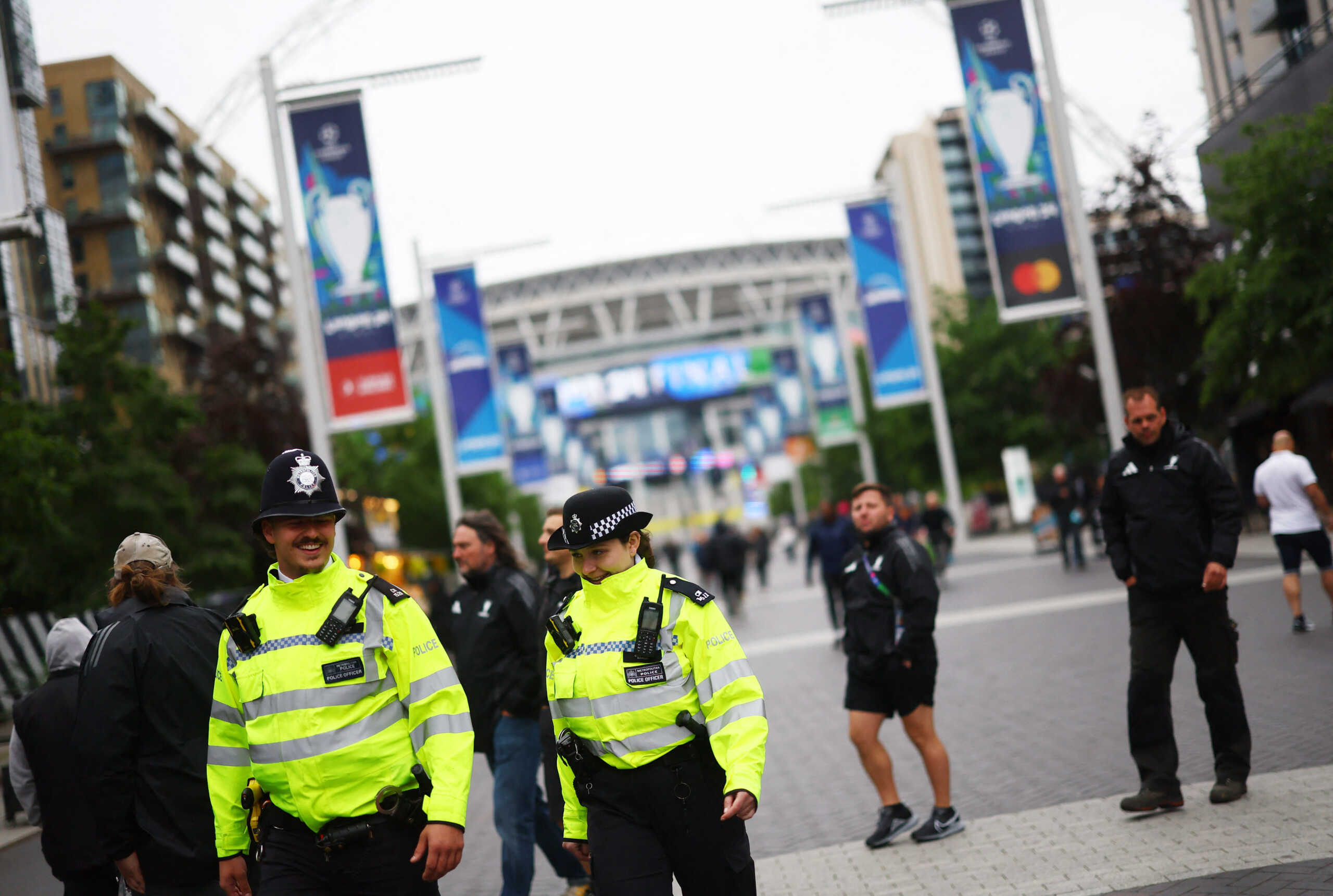 Soccer Football - Champions League - Final - Preview - Wembley Stadium, London, Britain - May 31, 2024 Police officers are seen outside the stadium ahead of the Champions League final REUTERS