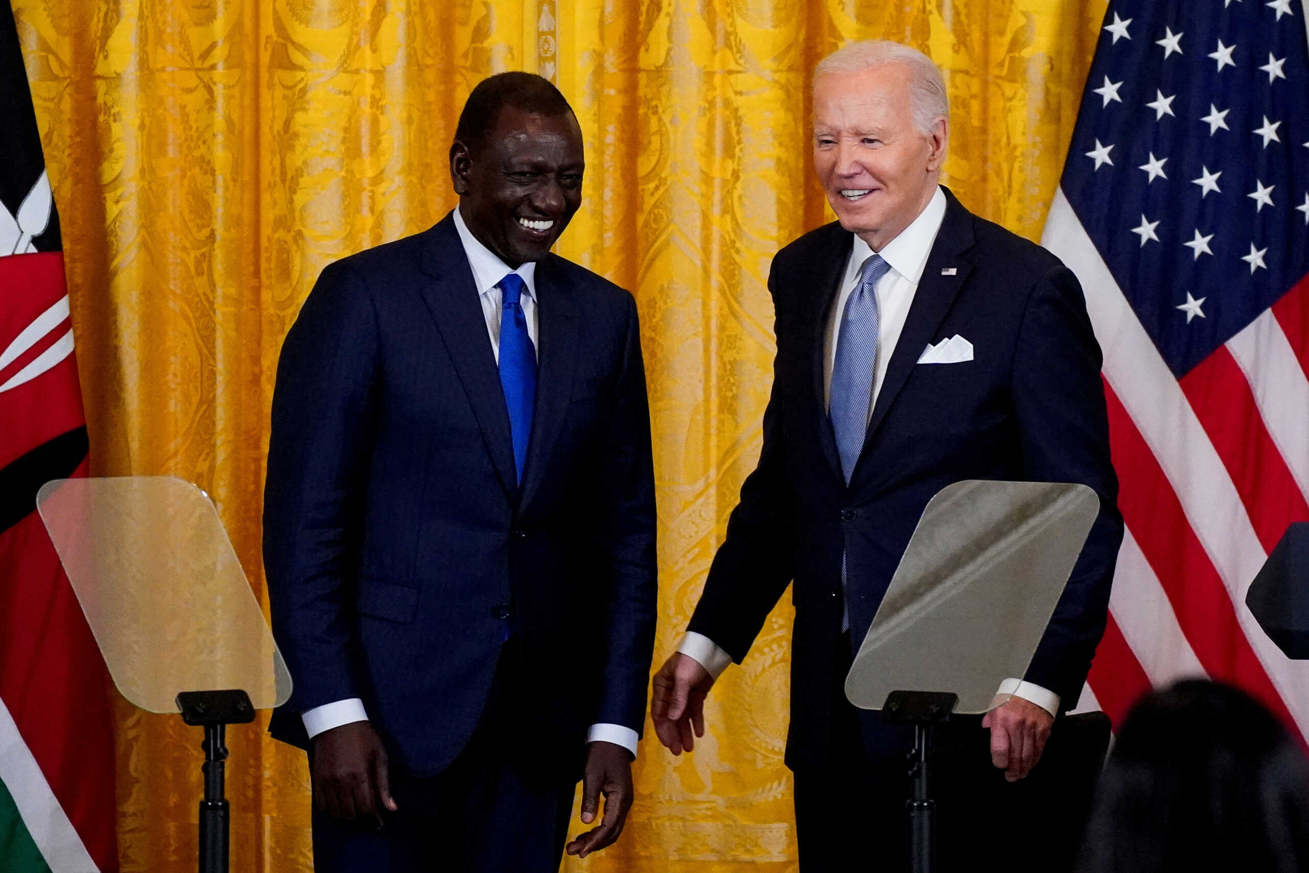 Kenyan President William Ruto and U.S. President Joe Biden react during a joint press conference at the White House in Washington, U.S., May 23, 2024. REUTERS