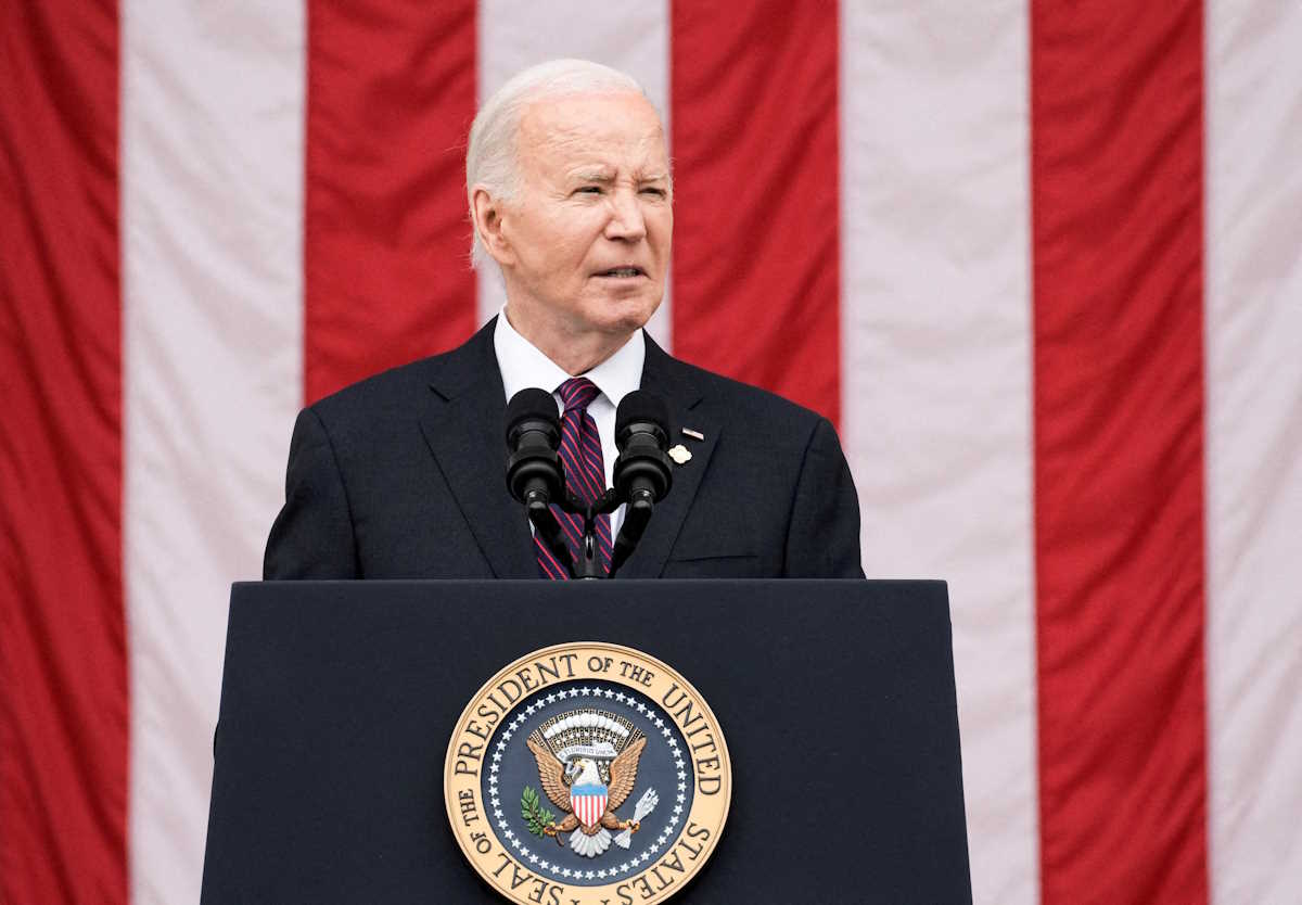 FILE PHOTO: U.S. President Joe Biden speaks during the National Memorial Day Wreath-Laying and Observance Ceremony at Arlington National Cemetery, in Arlington, Virginia, U.S., May 27, 2024. REUTERS