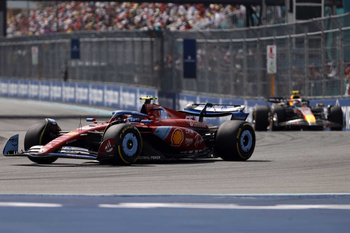 May 5, 2024; Miami Gardens, Florida, USA; Ferrari driver Carlos Sainz (55) during the Miami Grand Prix at Miami International Autodrome. Mandatory Credit: Peter Casey-USA TODAY Sports
